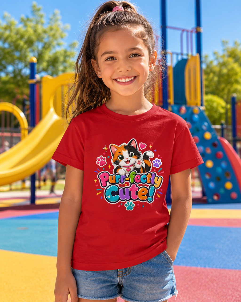 Kids Tee — “Purr-fectly Cute!” Colorful Calico Cat Graphic