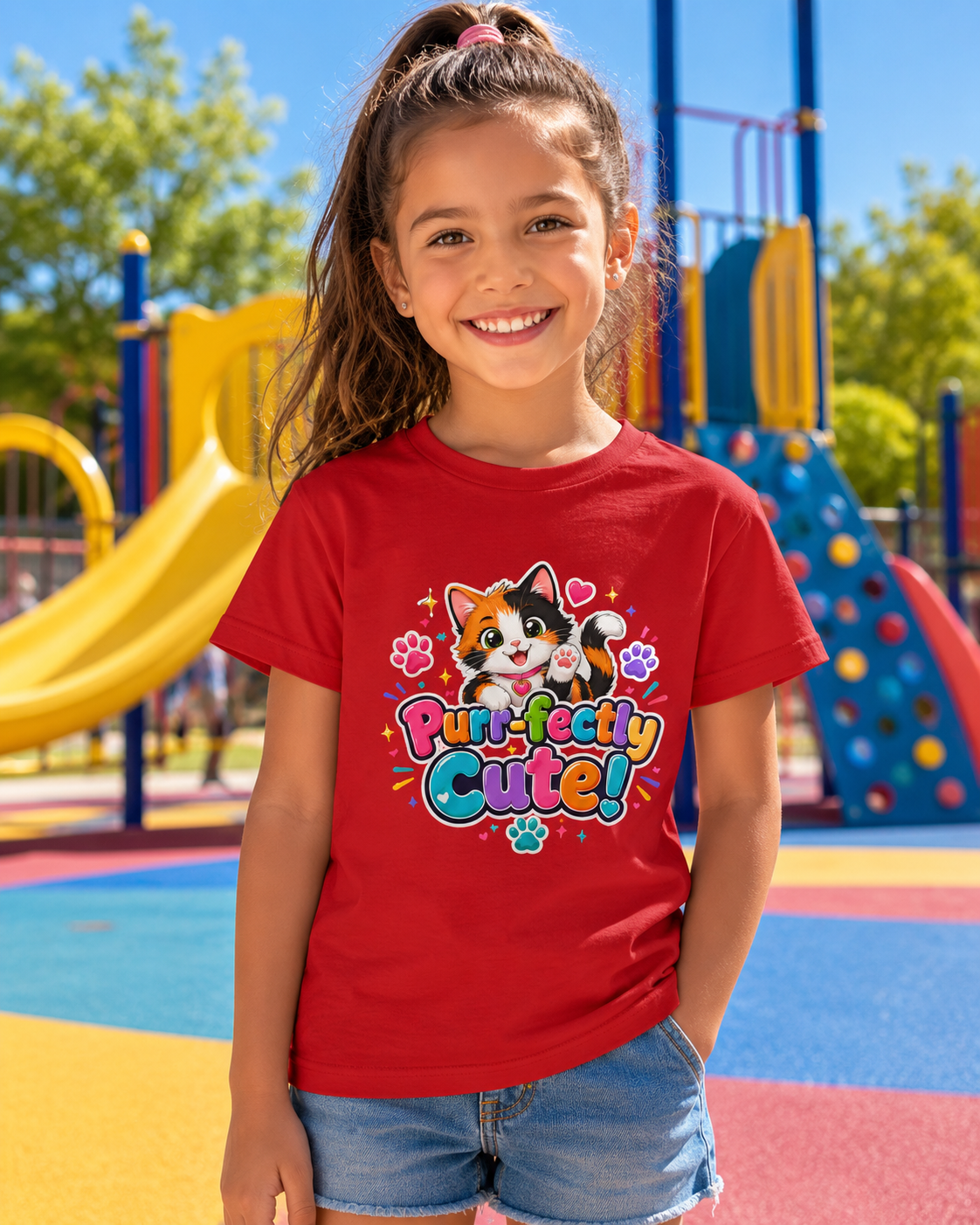 Kids Tee — “Purr-fectly Cute!” Colorful Calico Cat Graphic