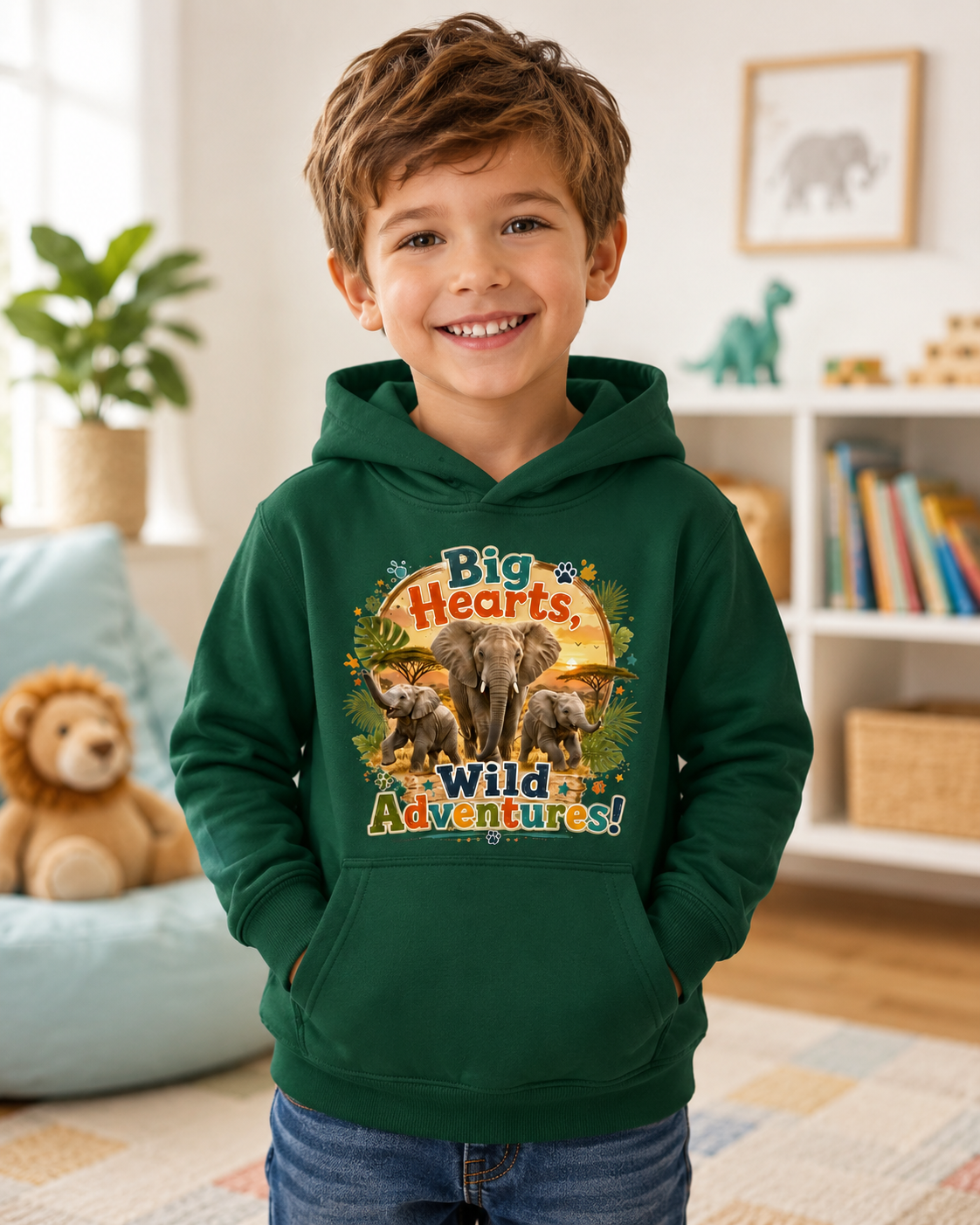 Kids Hoodie — "Big Hearts, Wild Adventures!" Elephant Safari Graphic