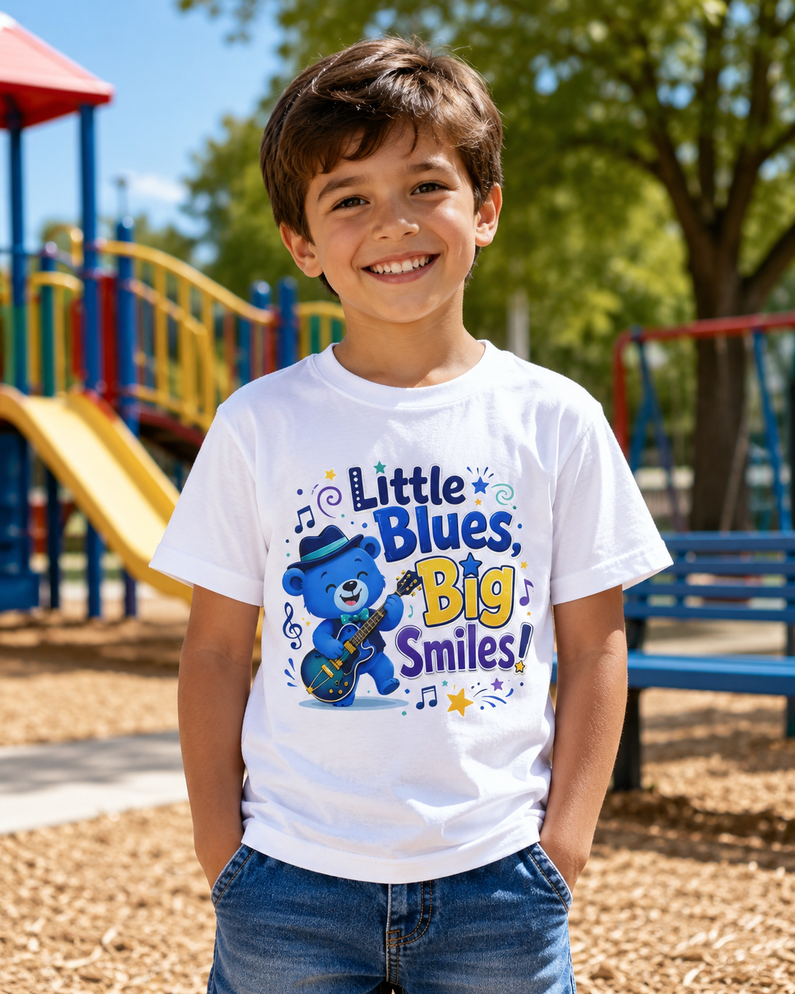 Kids Tee — "Little Blues, Big Smiles!" Guitar-Bear Graphic