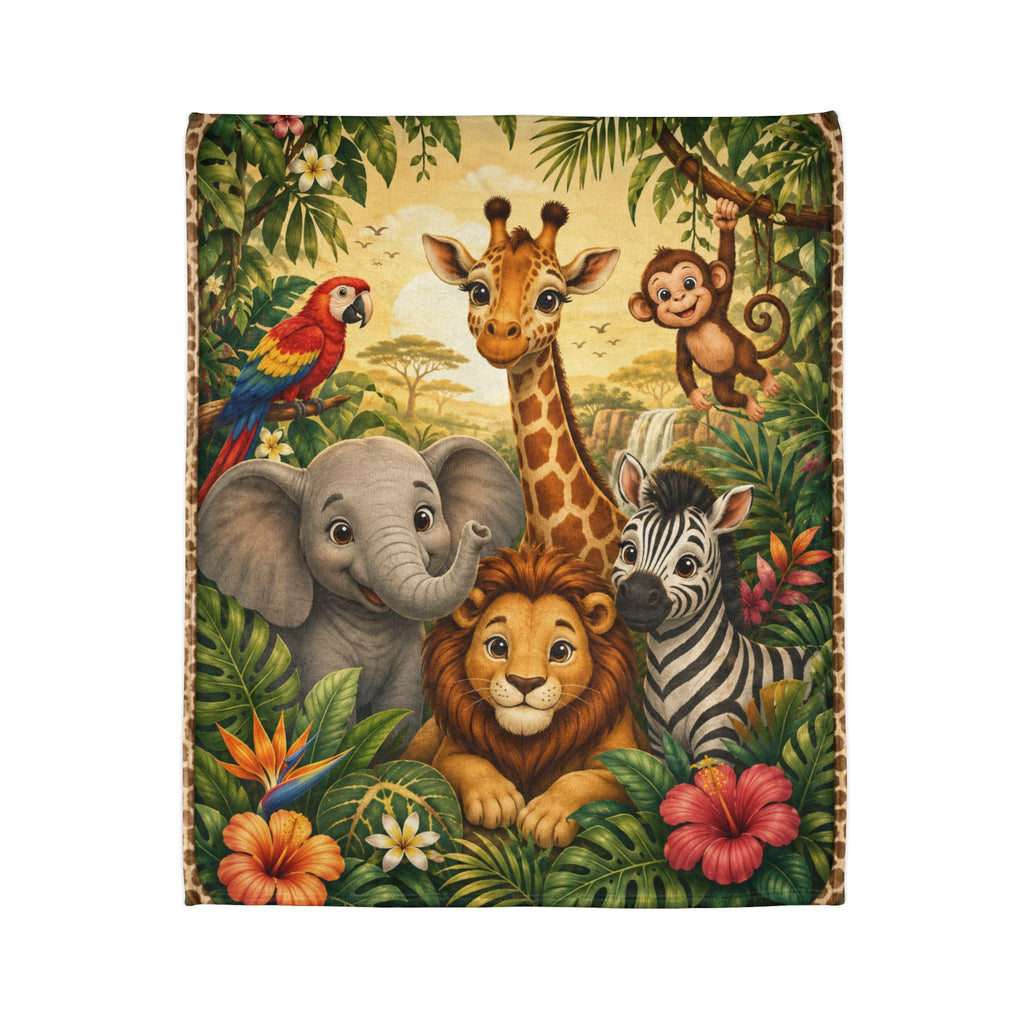 Safari Animal Friends Blanket | Jungle Lion Giraffe Elephant Zebra Monkey Parrot