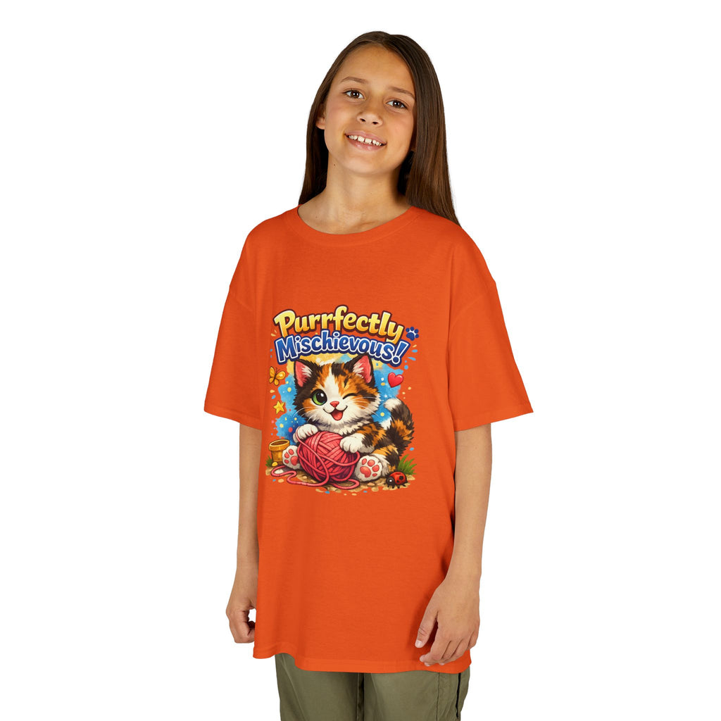 Kids T-Shirt — "Purrfectly Mischievous" Cute Kitten Playing with Yarn