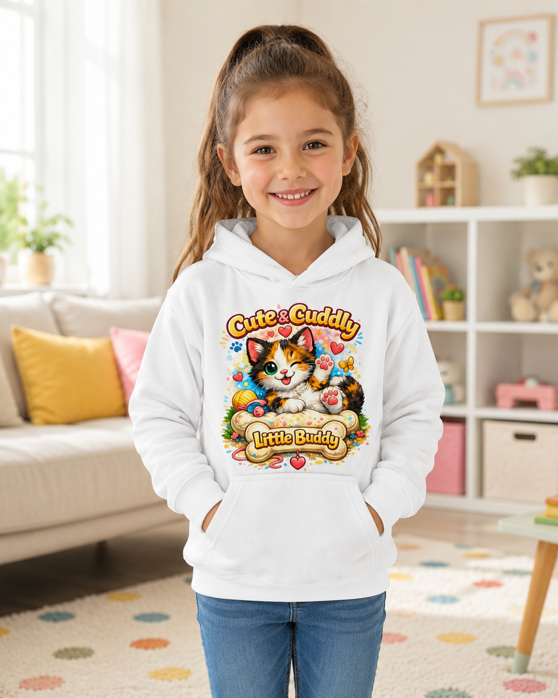 Cute & Cuddly Kitten Kids Hoodie — “Little Buddy” Graphic
