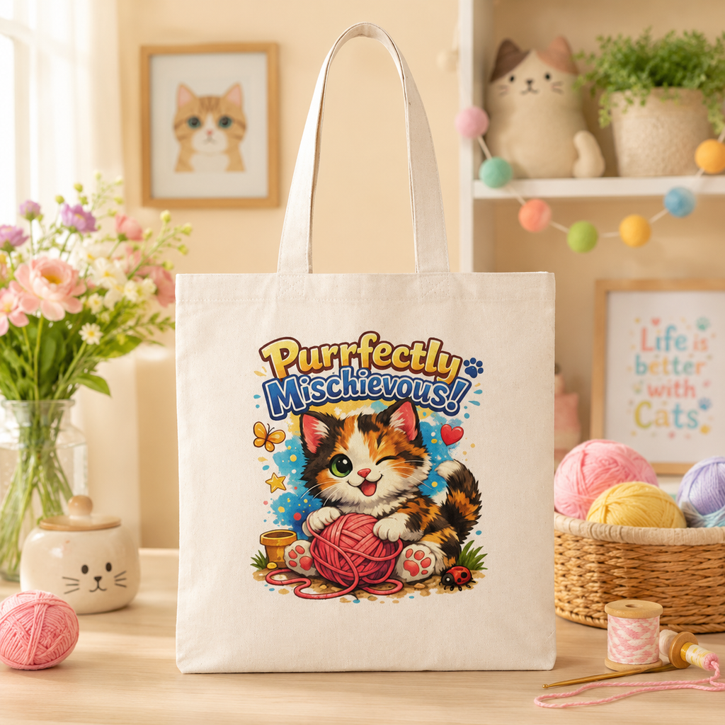 Natural Tote Bag - "Purrfectly Mischievous" Cute Kitten Yarn Shopper Tote