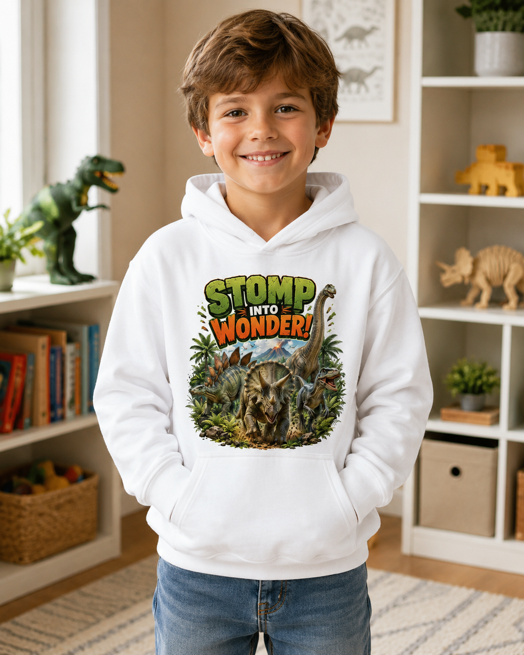 Kids Hoodie — "Stomp Into Wonder" Dinosaur Graphic Pullover