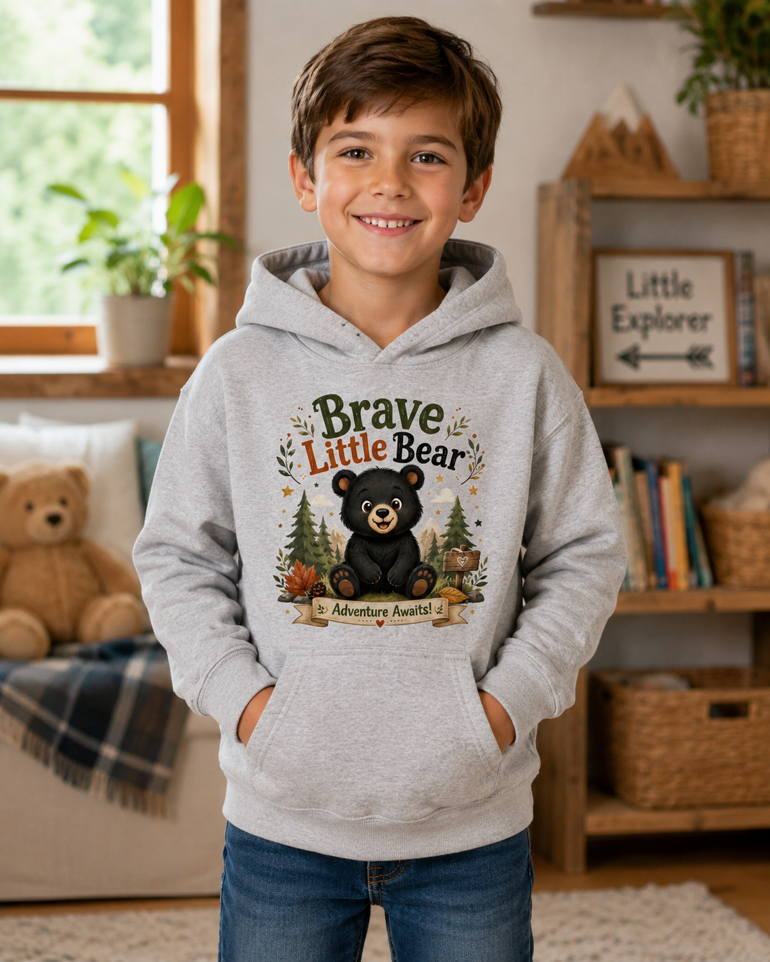Brave Little Bear Kids Hoodie — 'Adventure Awaits' Woodland Bear Sweatshirt