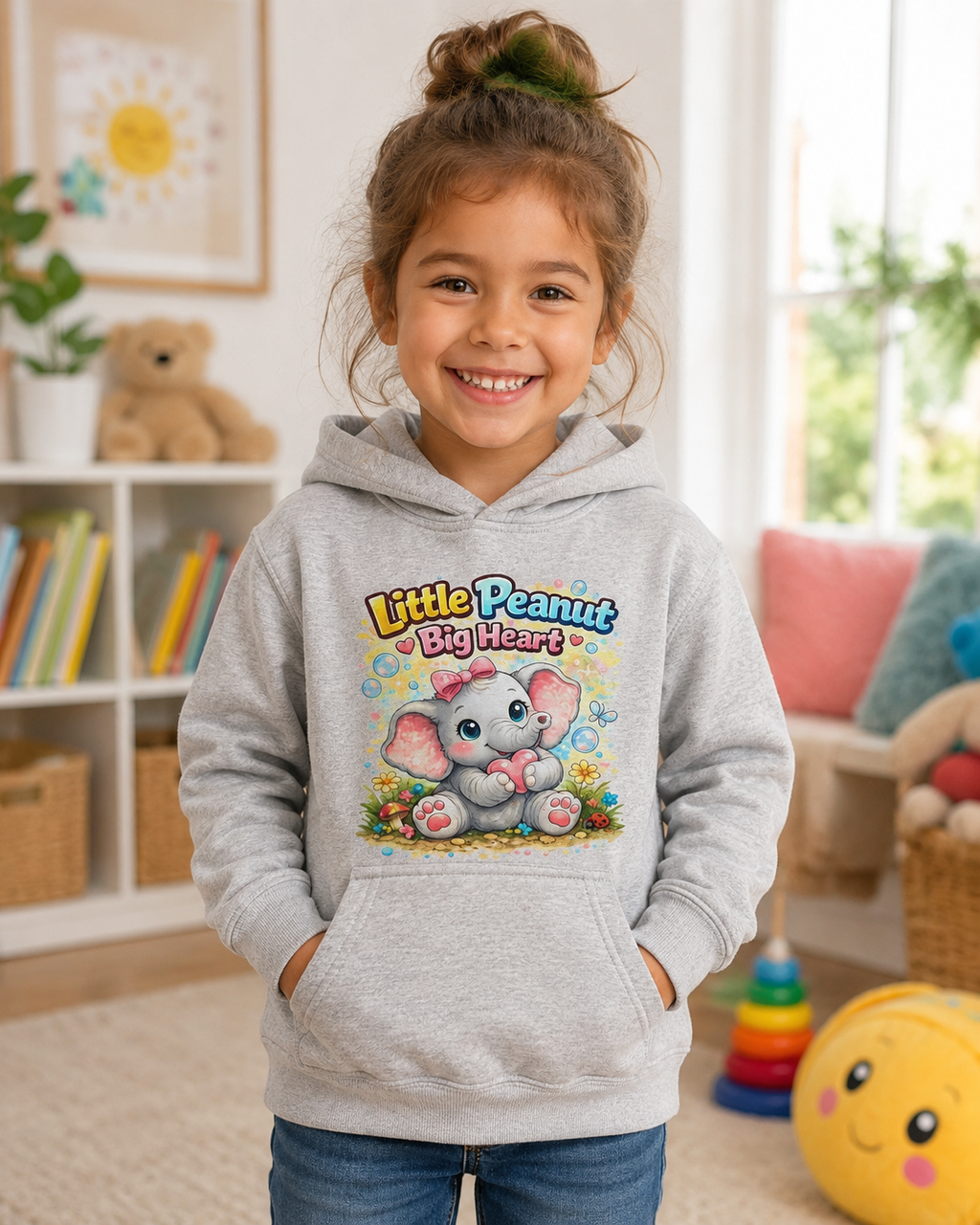 Kids Hoodie - "Little Peanut Big Heart" Cute Baby Elephant Graphic Pullover
