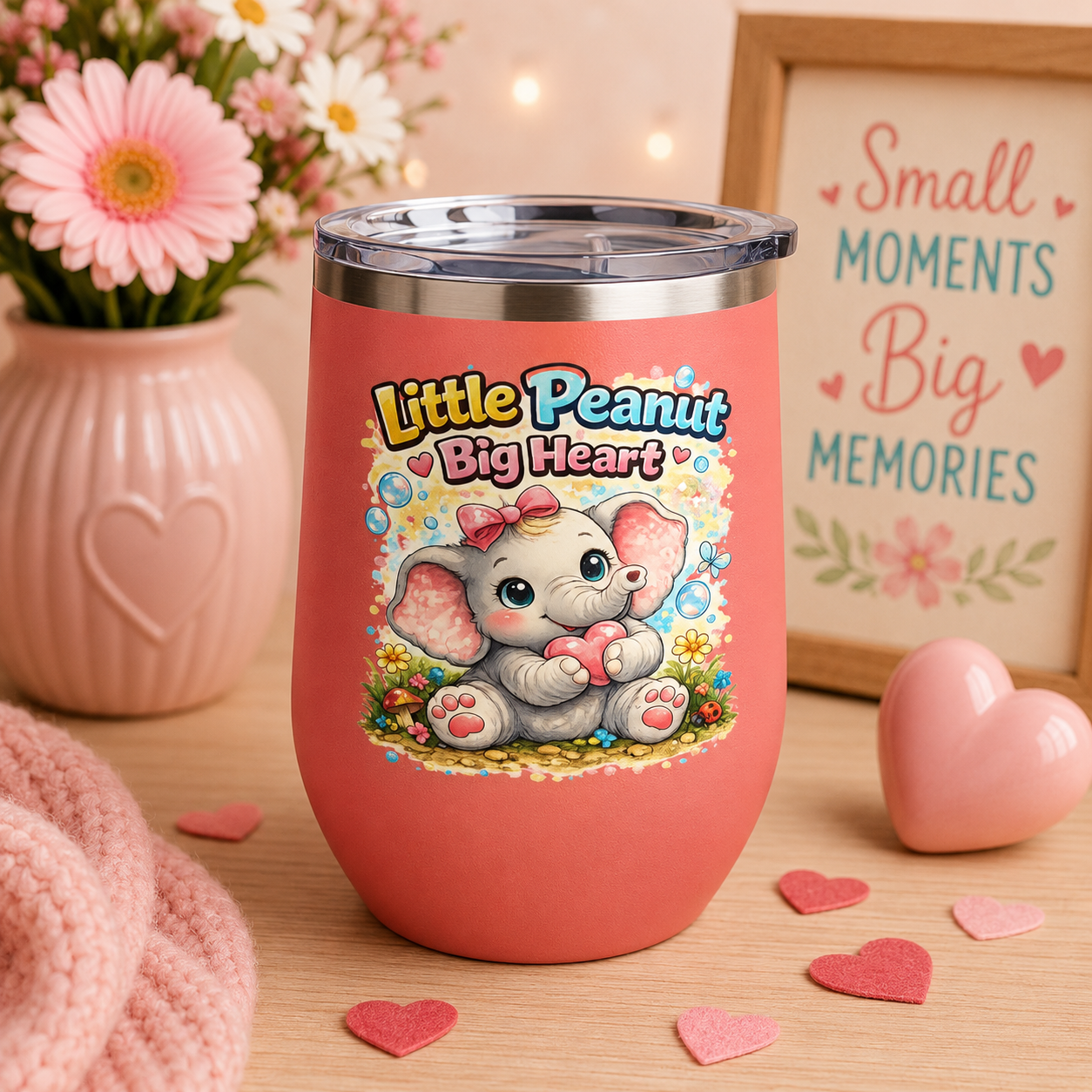 12oz Tumbler — 'Little Peanut Big Heart' Cute Baby Elephant Insulated Cup