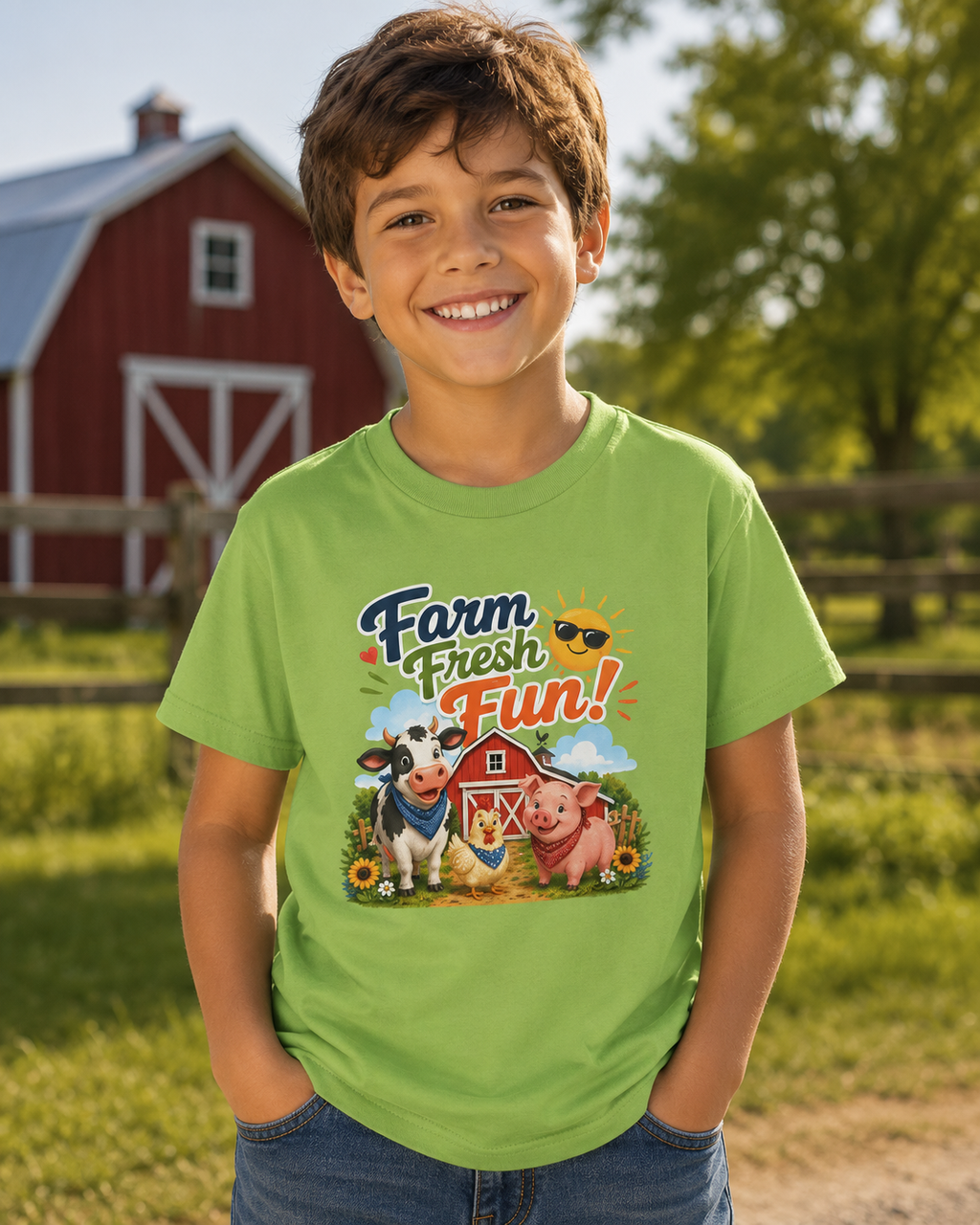Kids Farm T-Shirt — "Farm Fresh Fun!" Cute Cow & Pig Toddler Tee