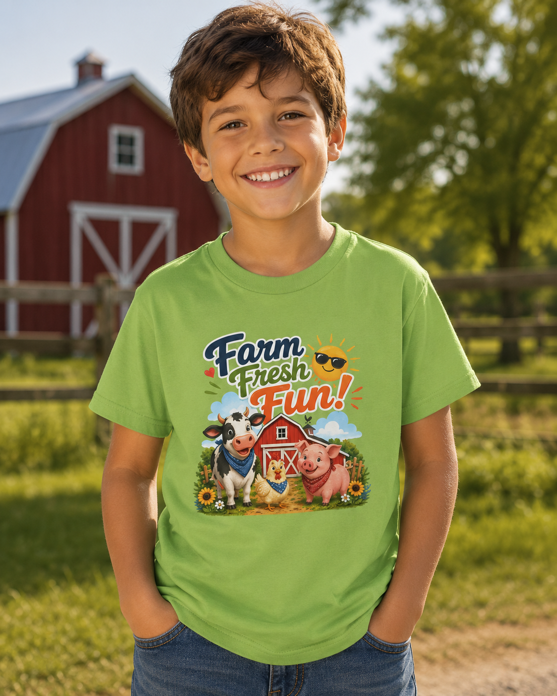 Kids Farm T-Shirt — "Farm Fresh Fun!" Cute Cow & Pig Toddler Tee
