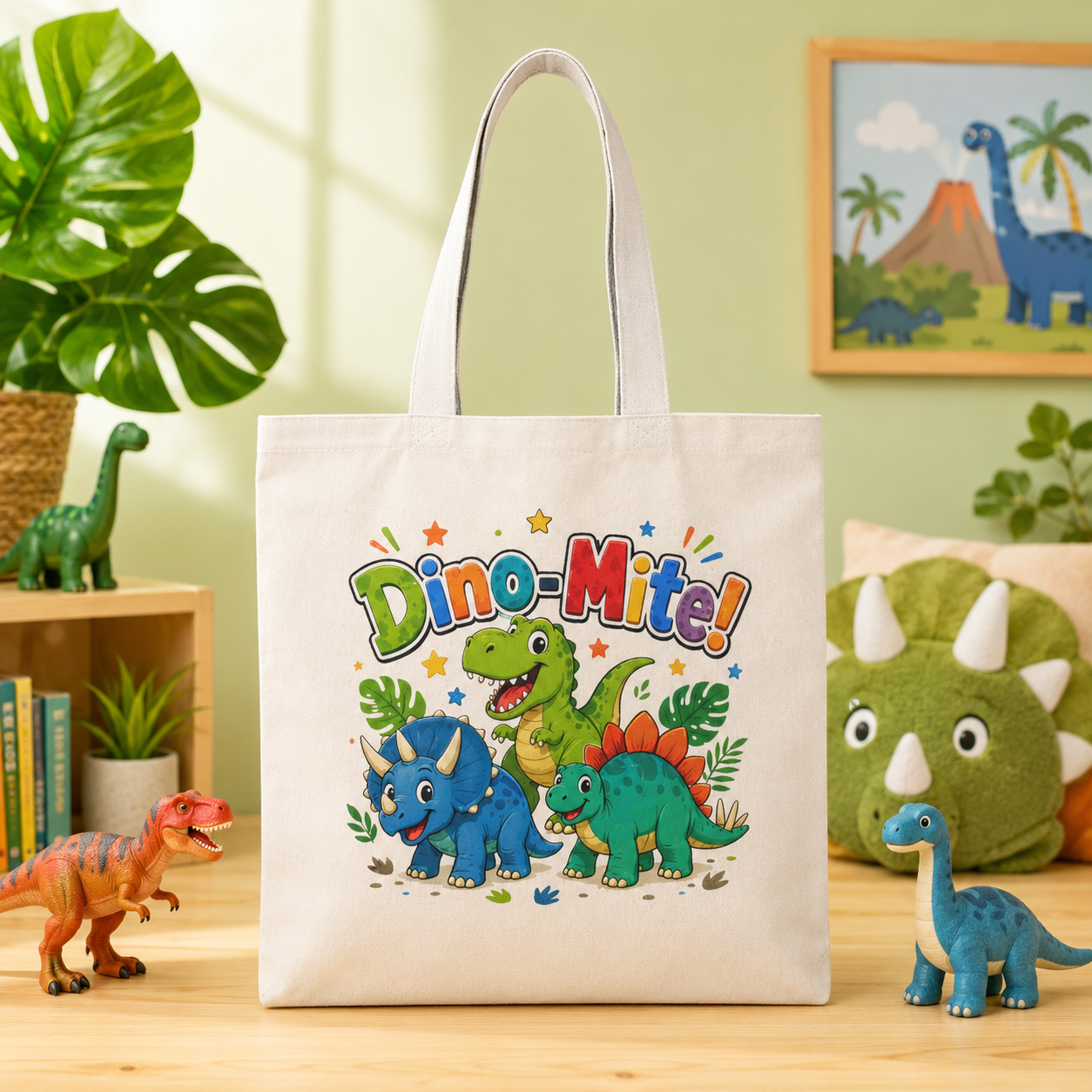 Dino-Mite! Cute Kids Dinosaur Tote Bag — Canvas Natural Grocery & School Bag