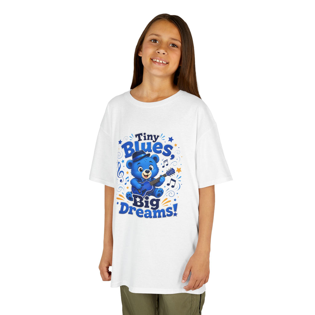 Kids Tee - "Tiny Blues, Big Dreams!" Cute Blue Bear Music Graphic