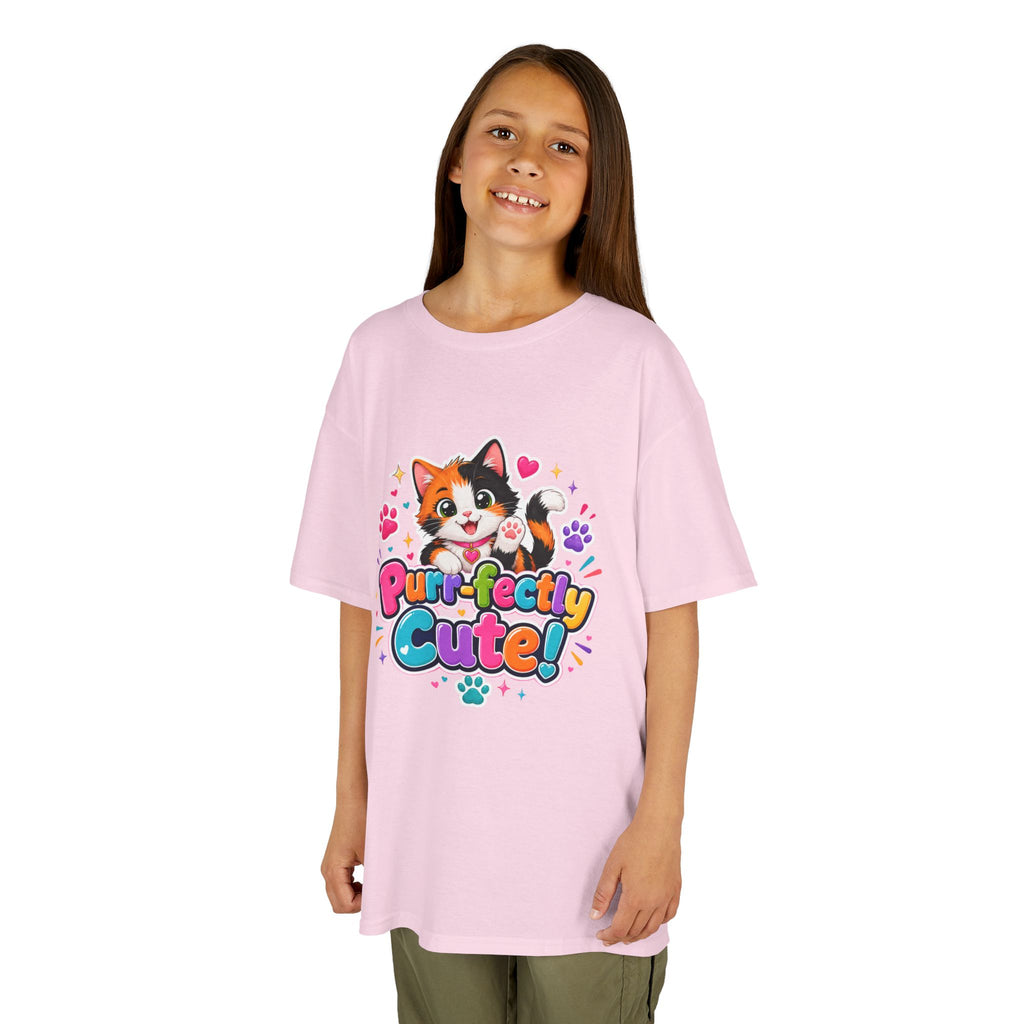 Kids Tee — “Purr-fectly Cute!” Colorful Calico Cat Graphic