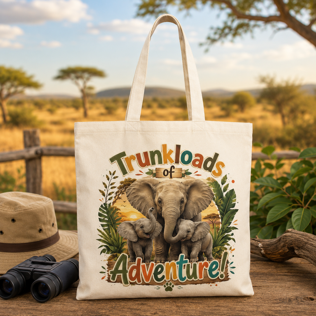 Elephant 'Trunkloads of Adventure' Natural Tote Bag