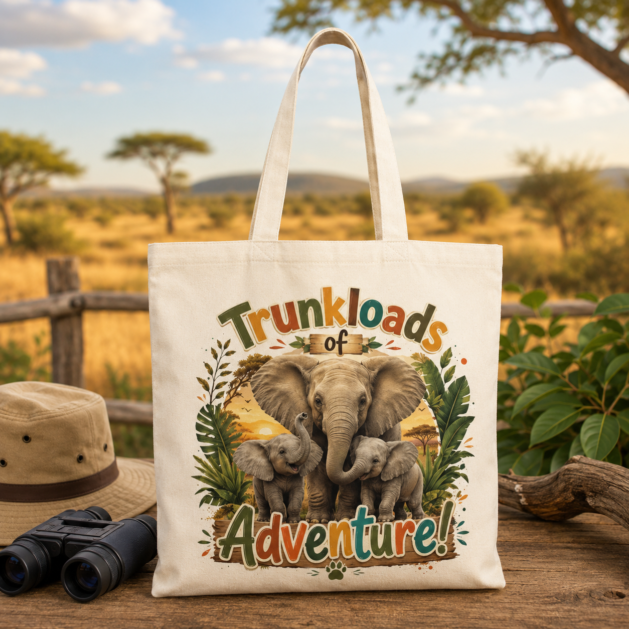 Elephant 'Trunkloads of Adventure' Natural Tote Bag