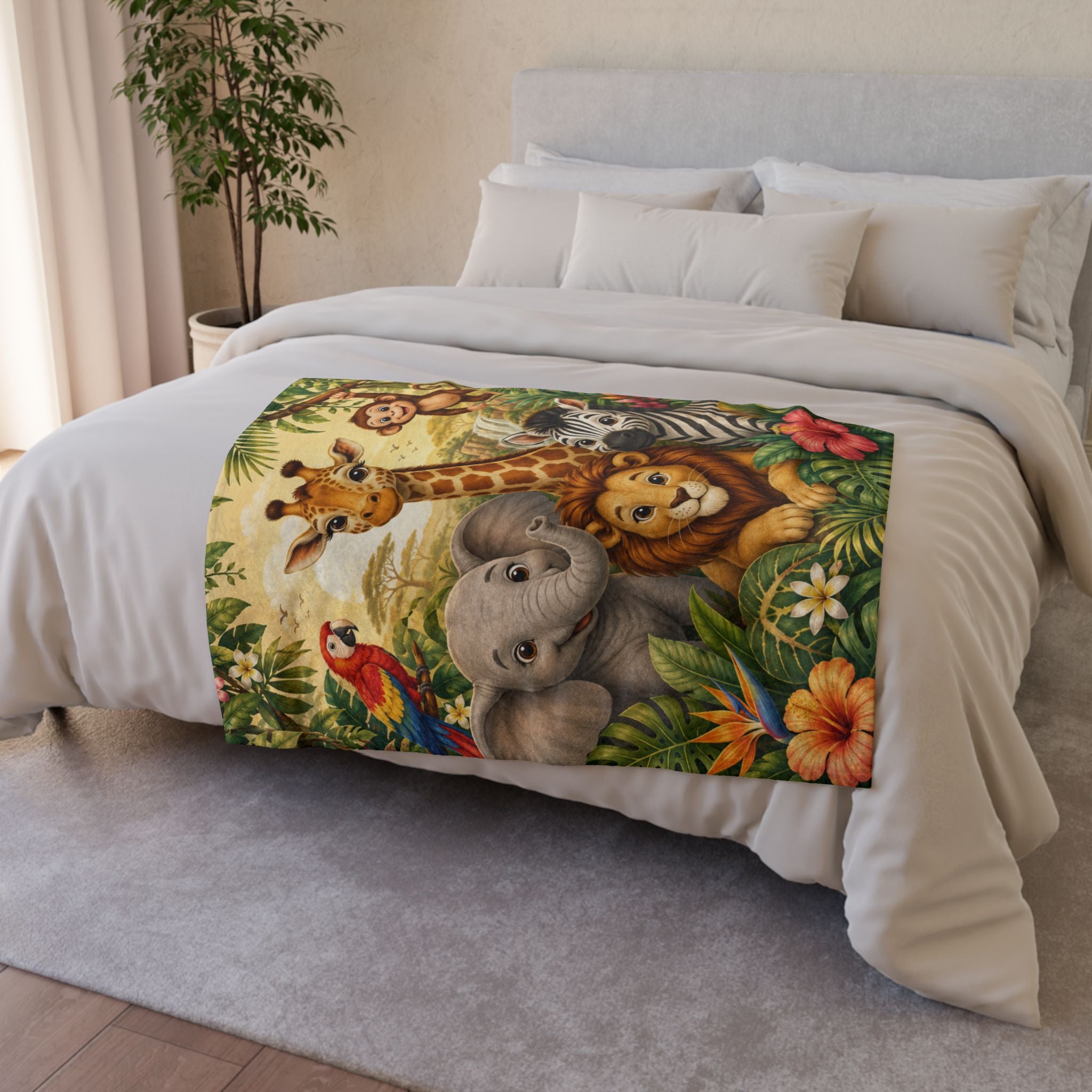 Safari Animal Friends Blanket | Jungle Lion Giraffe Elephant Zebra Monkey Parrot