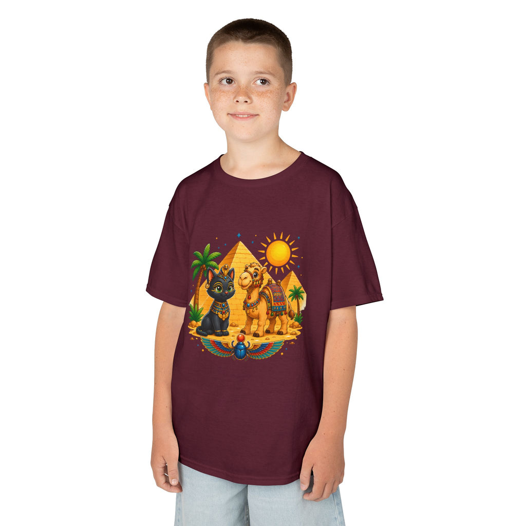 Egyptian Cats and Camel Kids Tee | Pyramid Desert Sun Illustration