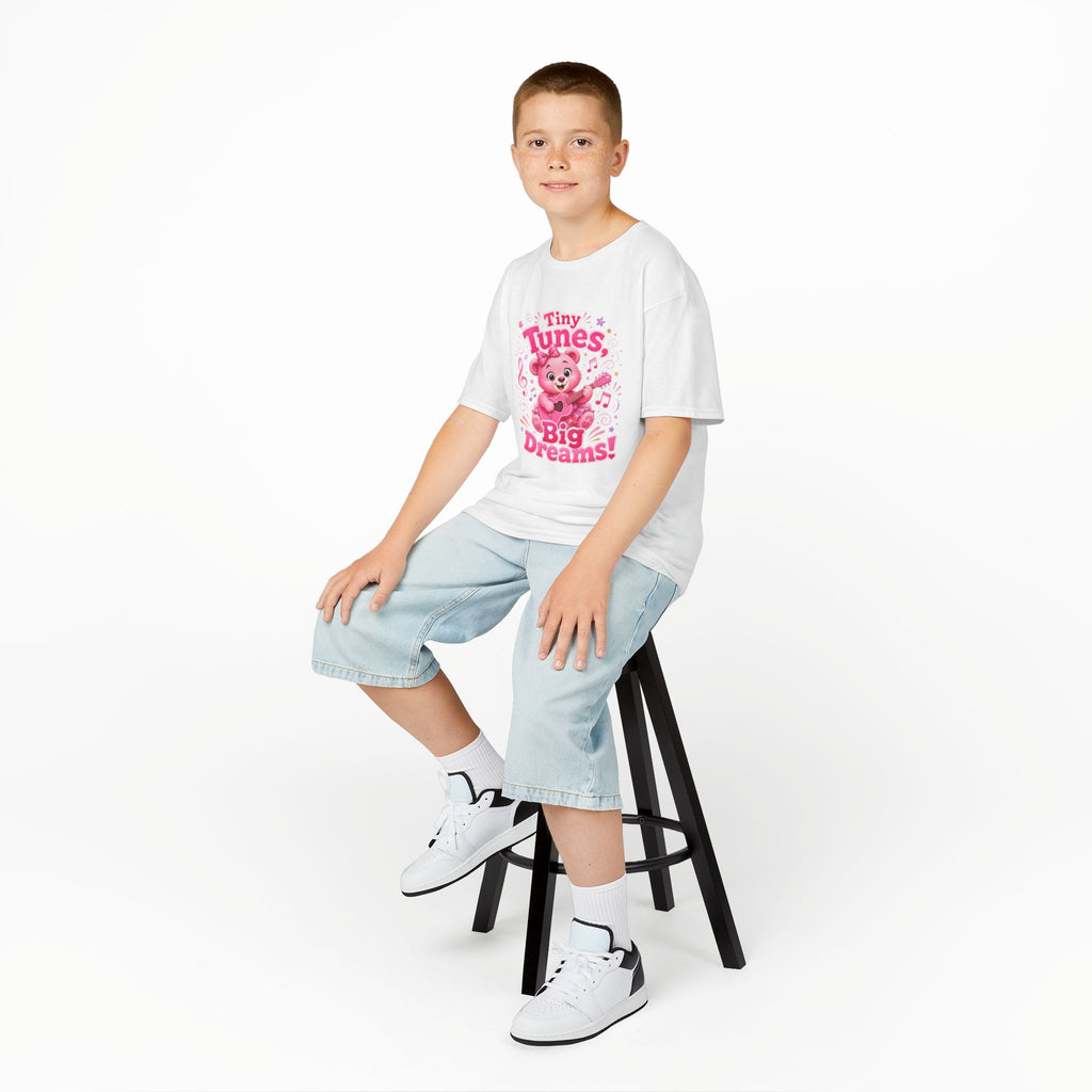 Kids T-Shirt — "Tiny Tunes, Big Dreams" Cute Pink Bear Music Tee