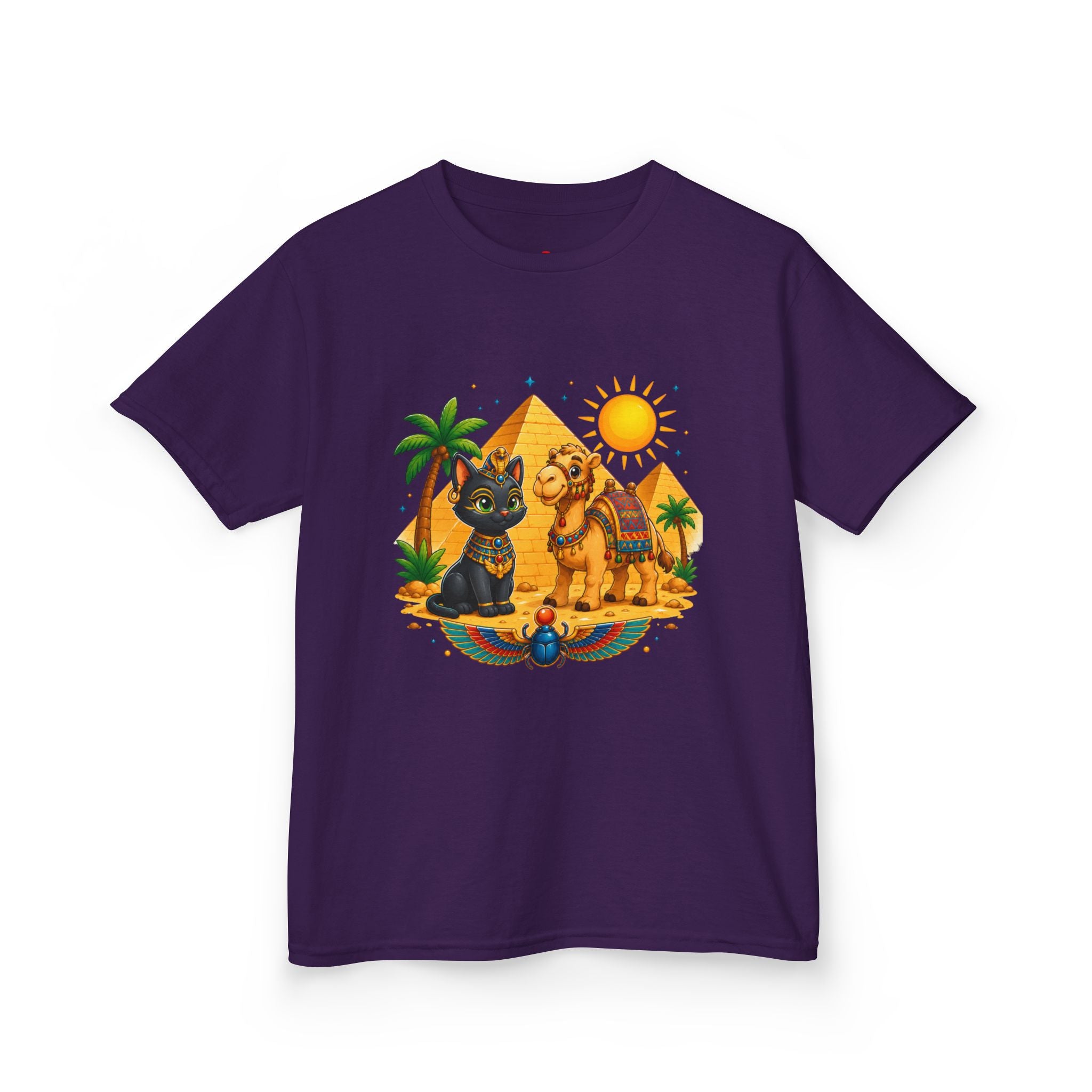 Egyptian Cats and Camel Kids Tee | Pyramid Desert Sun Illustration