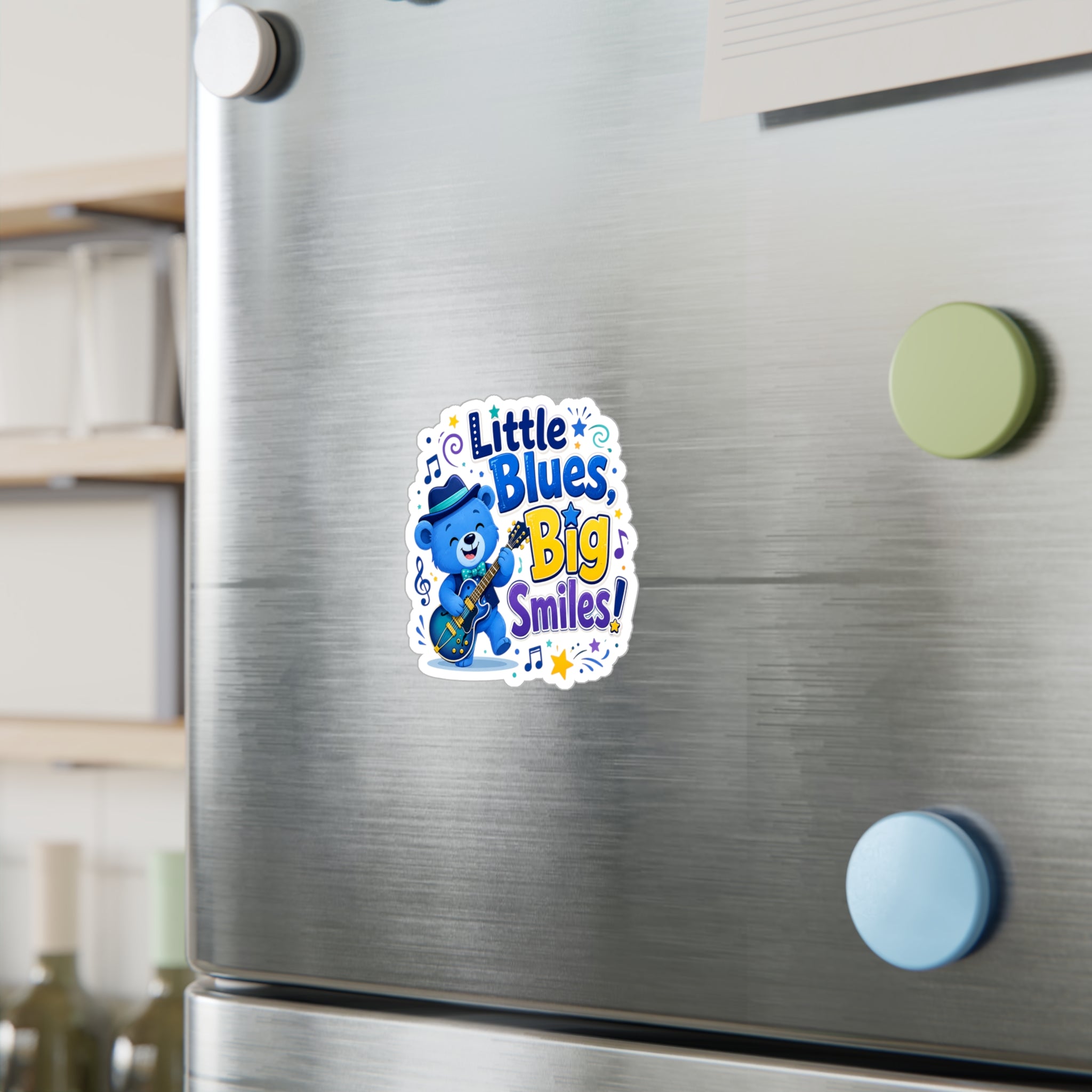 Little Blues Big Smiles Sticker — Cute Guitar Bear Kiss-Cut Vinyl Decal
