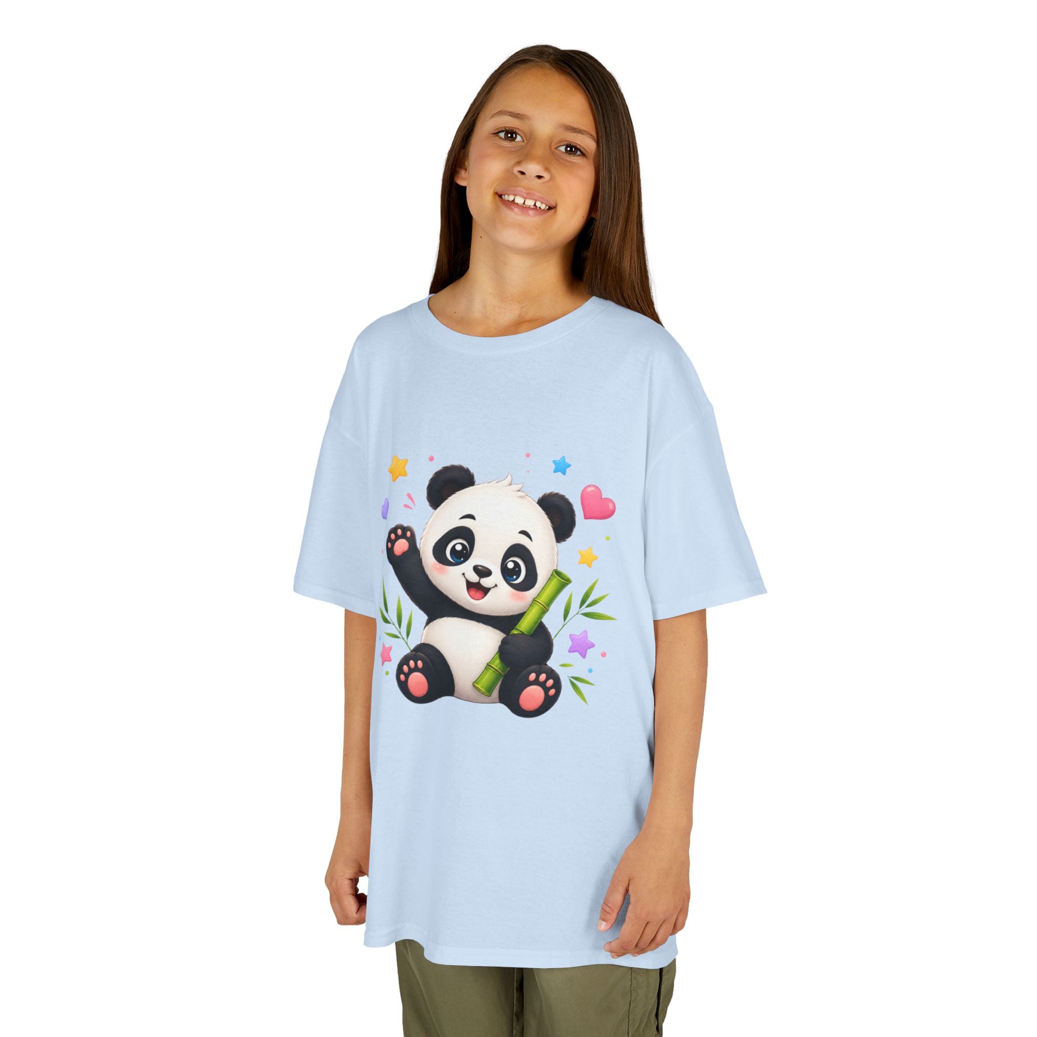 Cute Panda Kids T‑Shirt — Smiling Baby Panda with Hearts & Bamboo