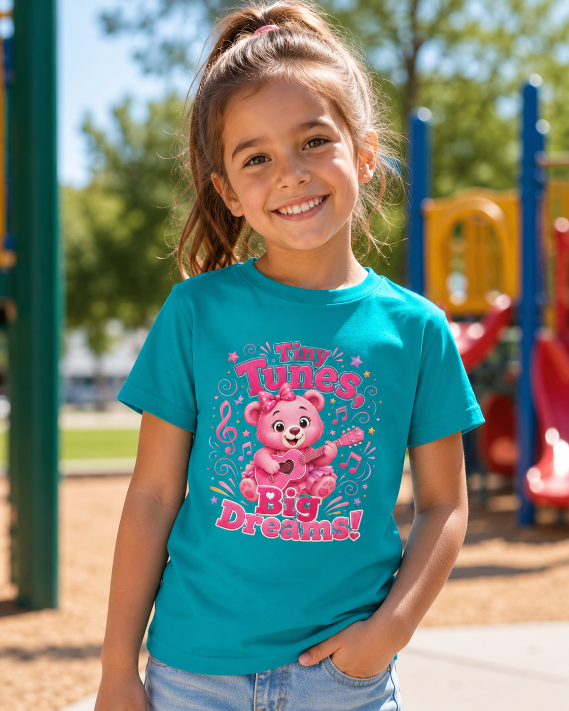Kids T-Shirt — "Tiny Tunes, Big Dreams" Cute Pink Bear Music Tee
