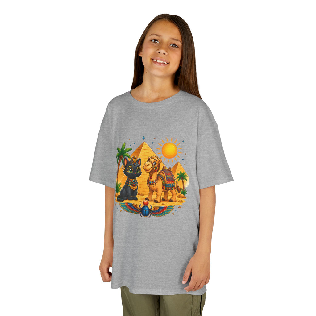 Egyptian Cats and Camel Kids Tee | Pyramid Desert Sun Illustration