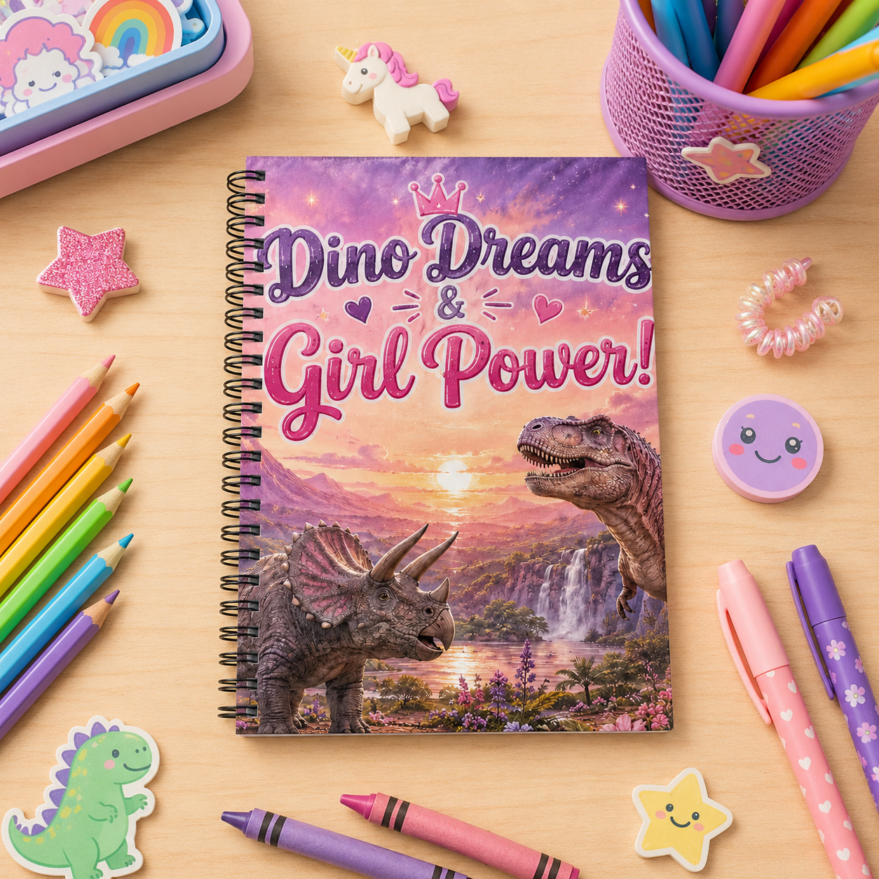 Dino Dreams & Girl Power! Spiral Notebook — Cute Dinosaur Journal for Girls