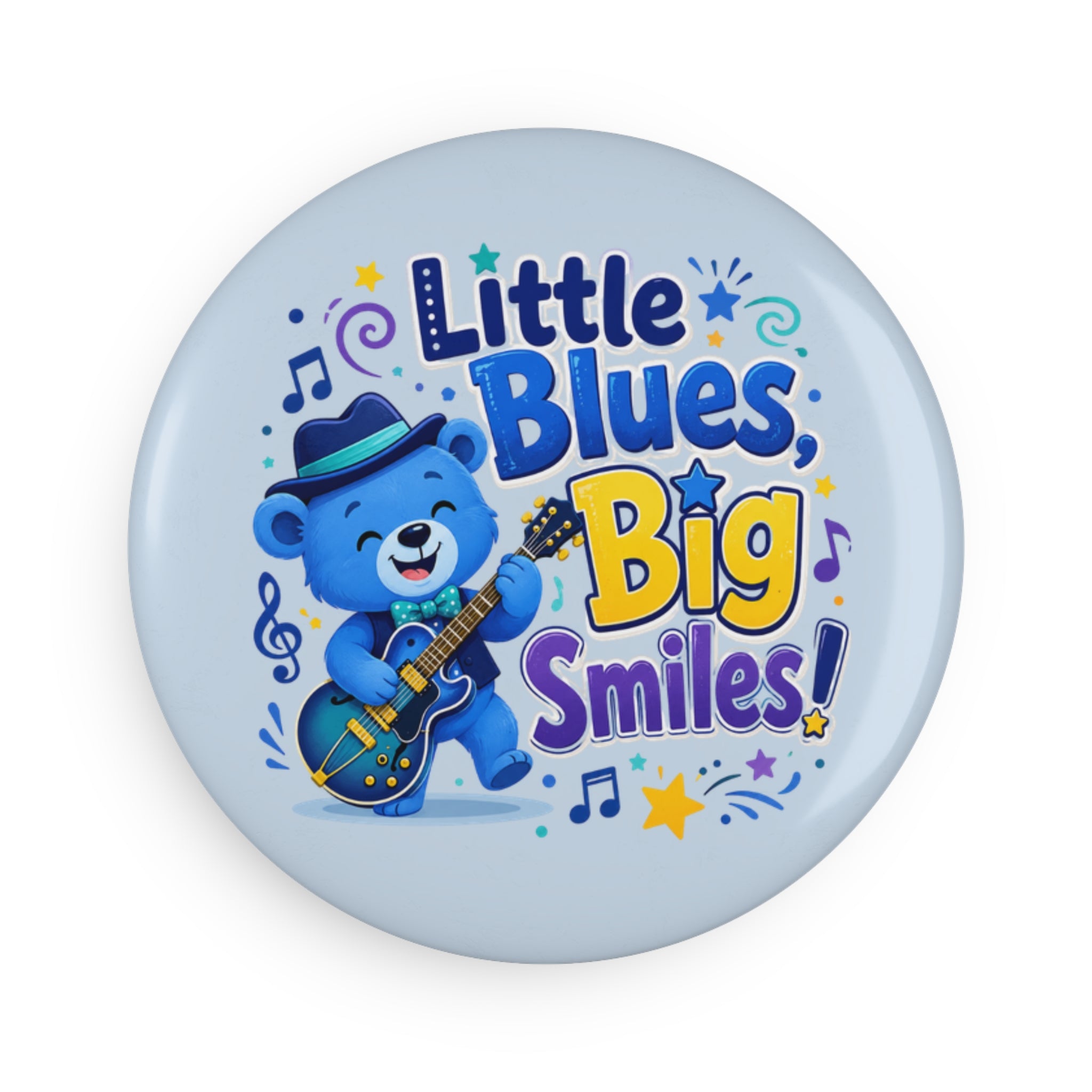 Little Blues, Big Smiles Round Magnet — Cute Blue Bear Guitar Kids Fridge Magnet
