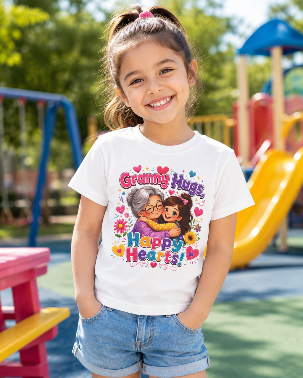Granny Hugs Happy Hearts Tee | Grandma Grandchild Cute Illustration