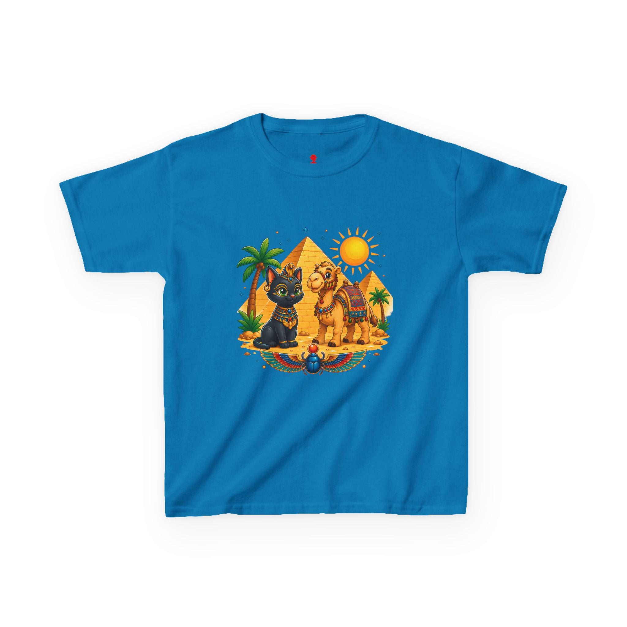 Egyptian Cats and Camel Kids Tee | Pyramid Desert Sun Illustration