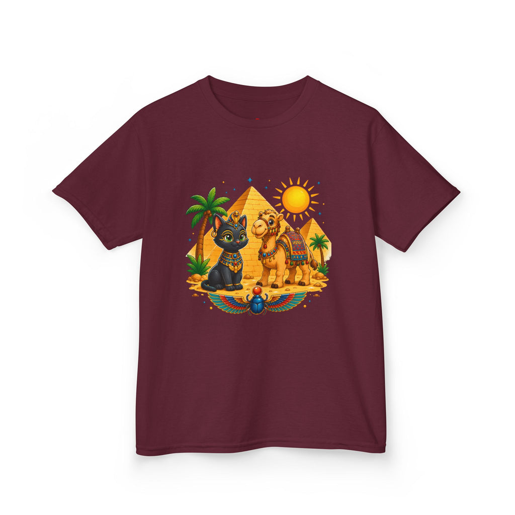 Egyptian Cats and Camel Kids Tee | Pyramid Desert Sun Illustration