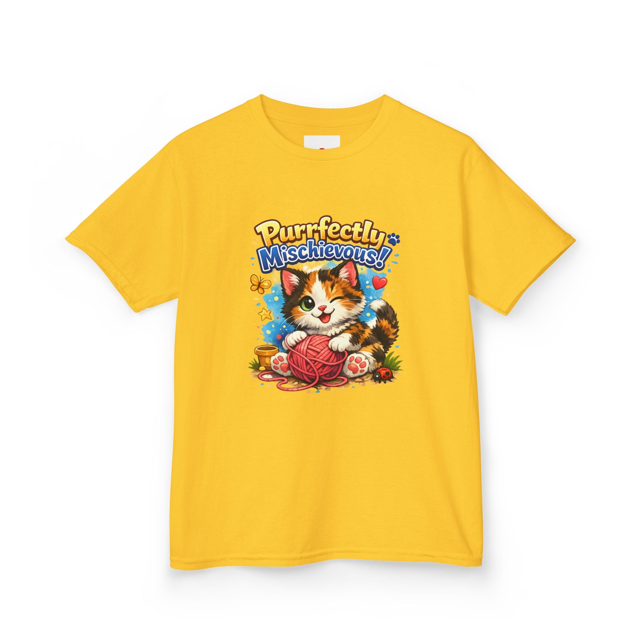 Kids T-Shirt — "Purrfectly Mischievous" Cute Kitten Playing with Yarn