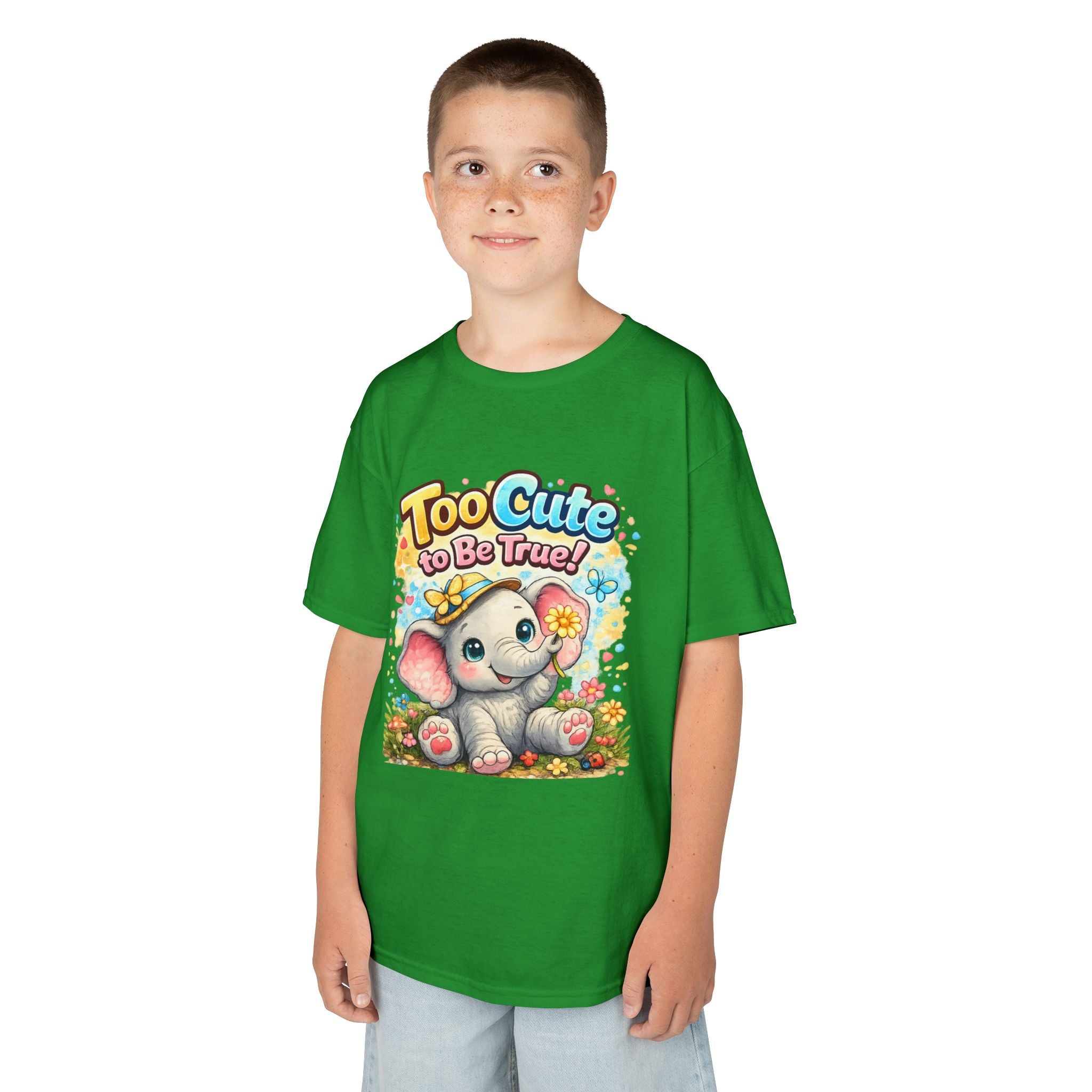 Kids Tee — "Too Cute to Be True" Elephant Graphic
