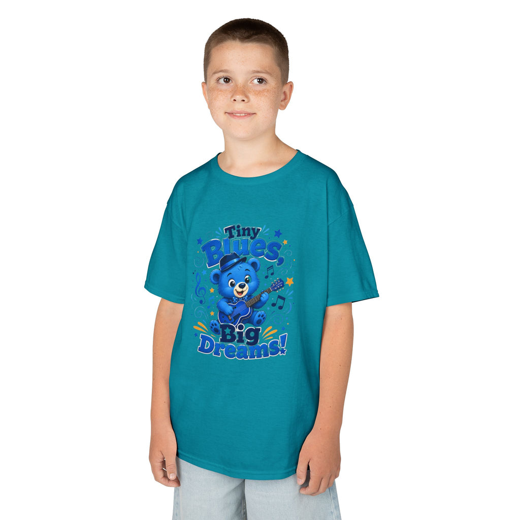 Kids Tee - "Tiny Blues, Big Dreams!" Cute Blue Bear Music Graphic