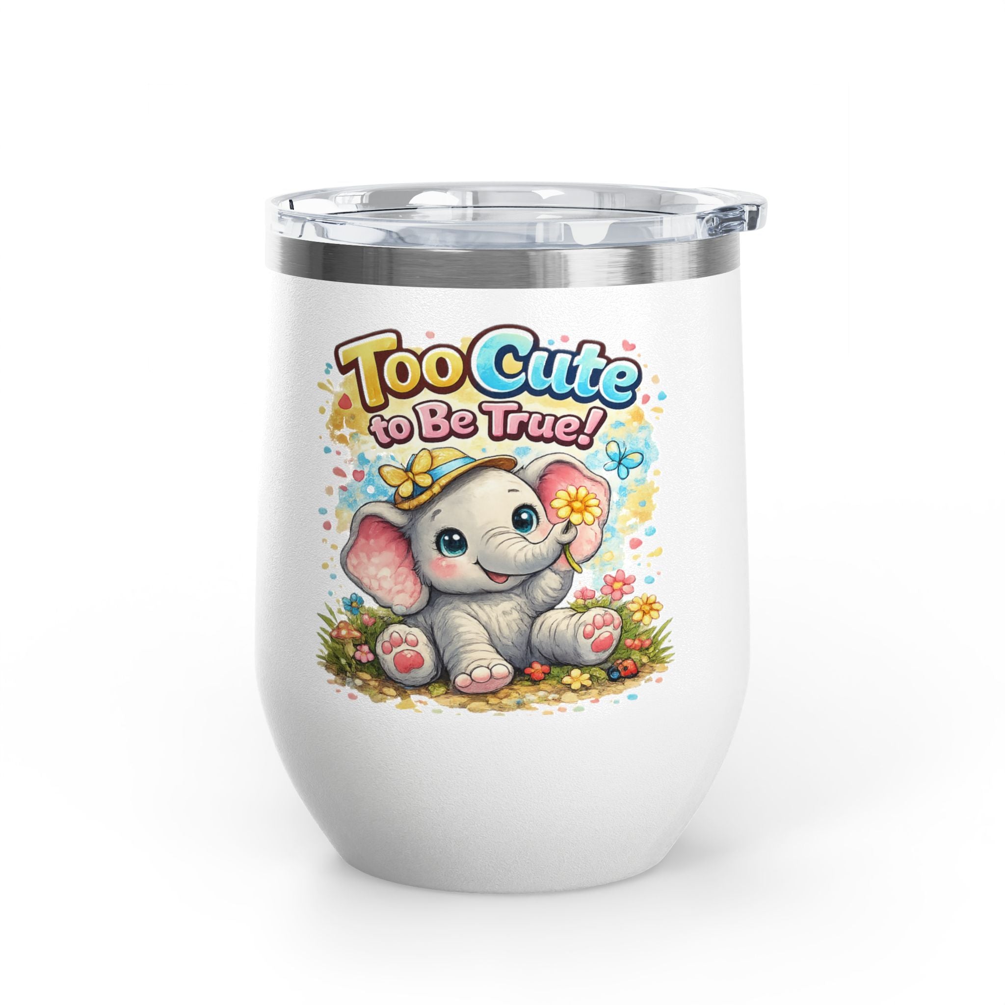 12oz Tumbler - "Too Cute to Be True" Baby Elephant Floral Design