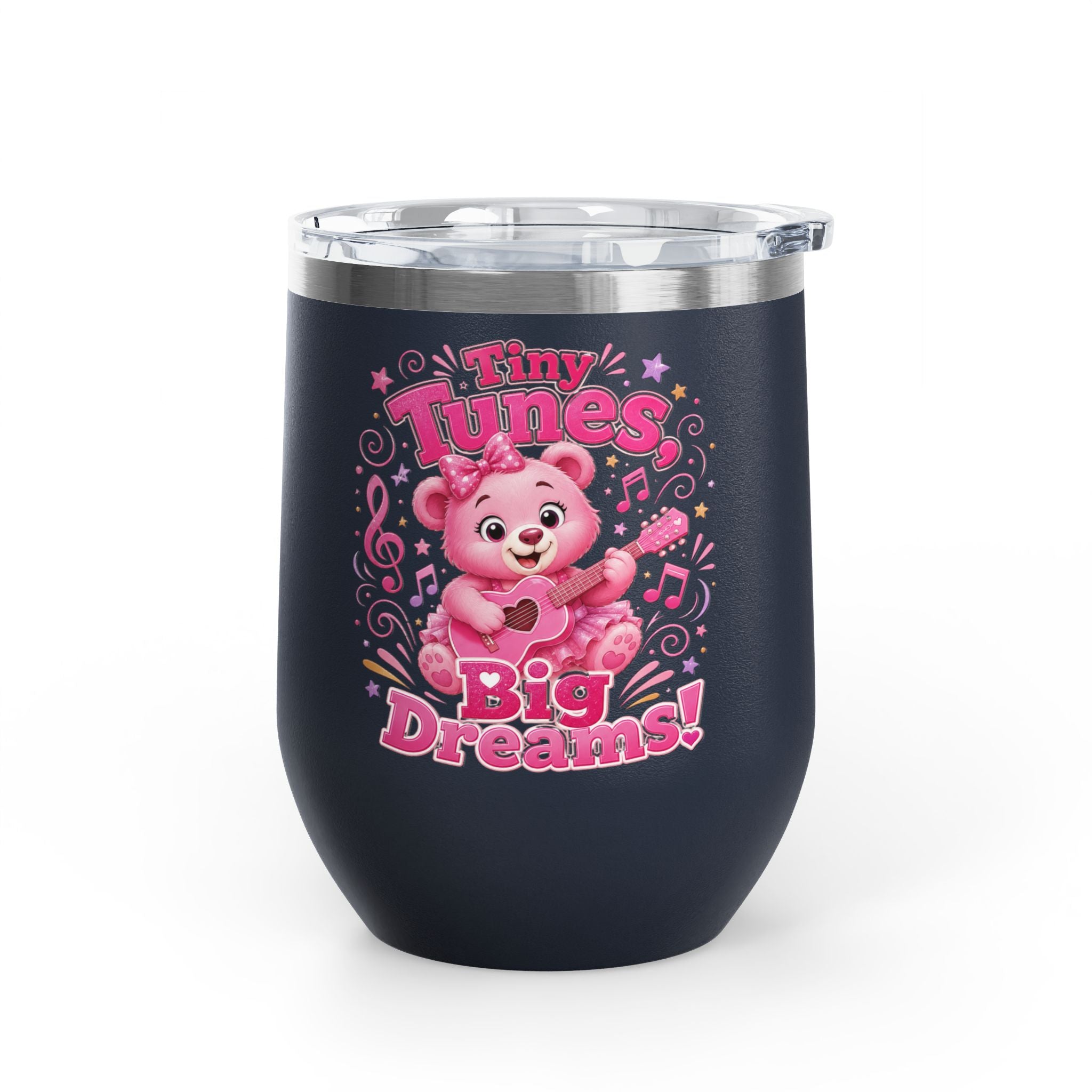 12oz Tumbler — "Tiny Tunes, Big Dreams" Cute Pink Bear Design