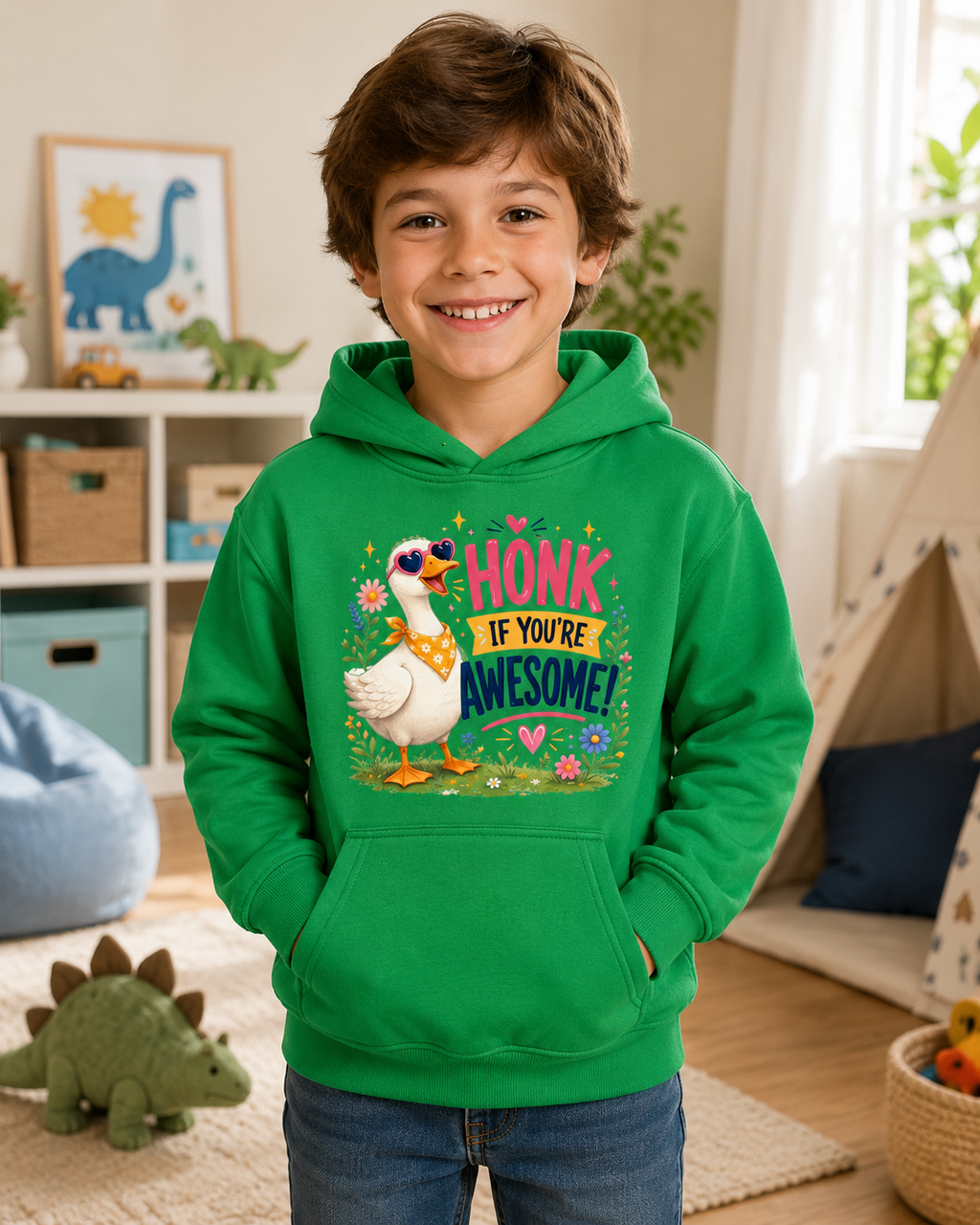 Kids Hoodie — "Honk If You're Awesome" Cute Goose Pullover for Children