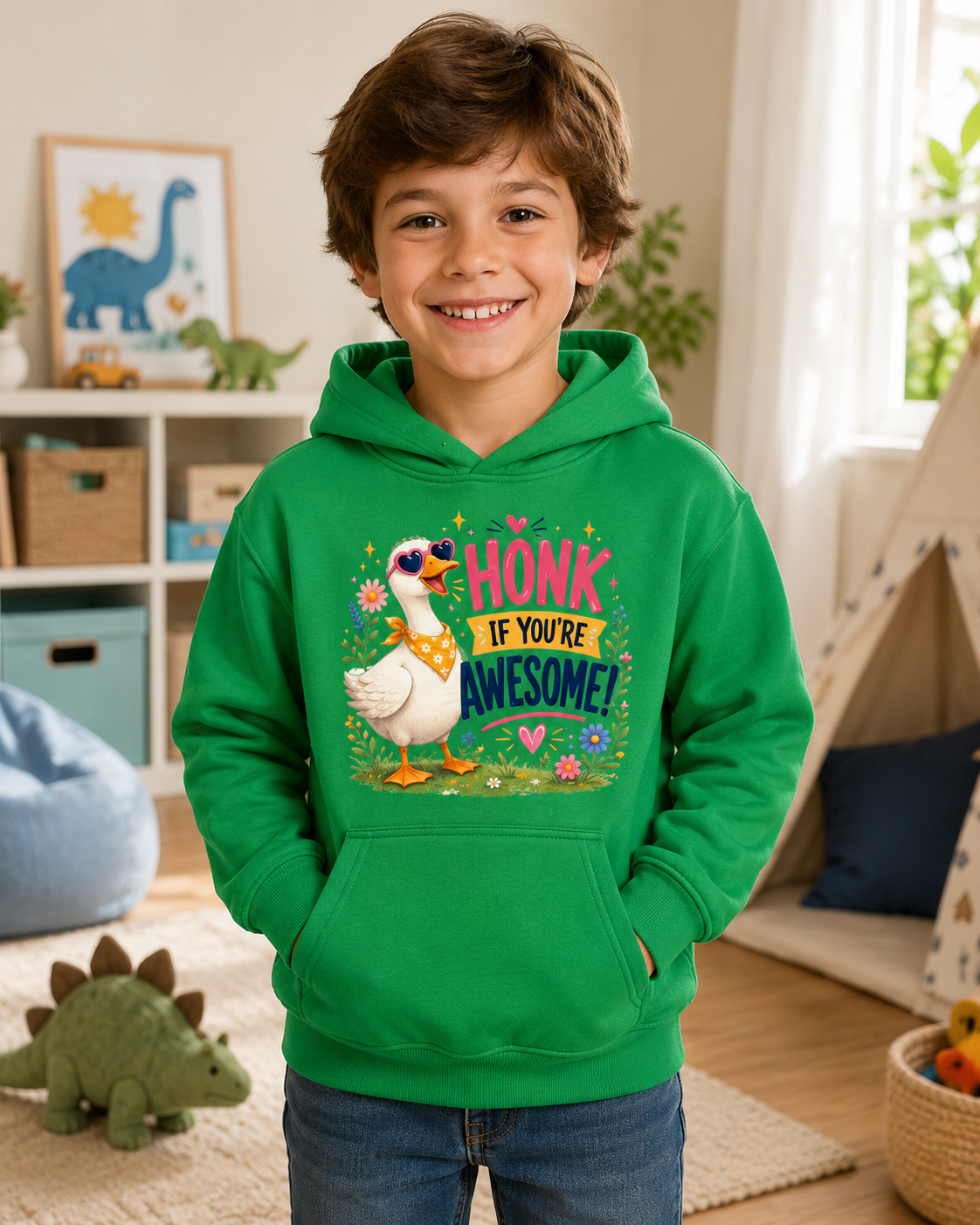 Kids Hoodie — "Honk If You're Awesome" Cute Goose Pullover for Children