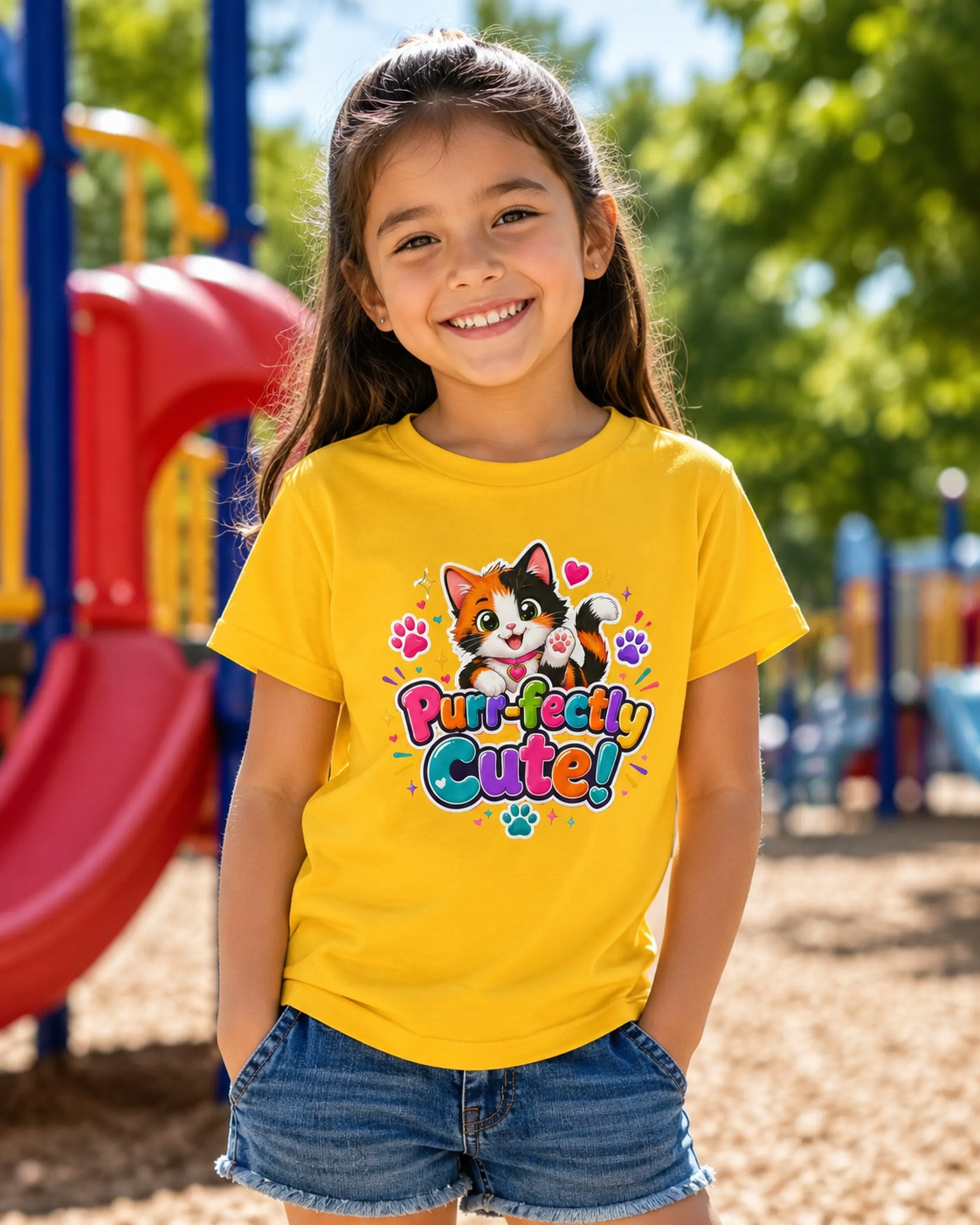 Kids Tee — “Purr-fectly Cute!” Colorful Calico Cat Graphic