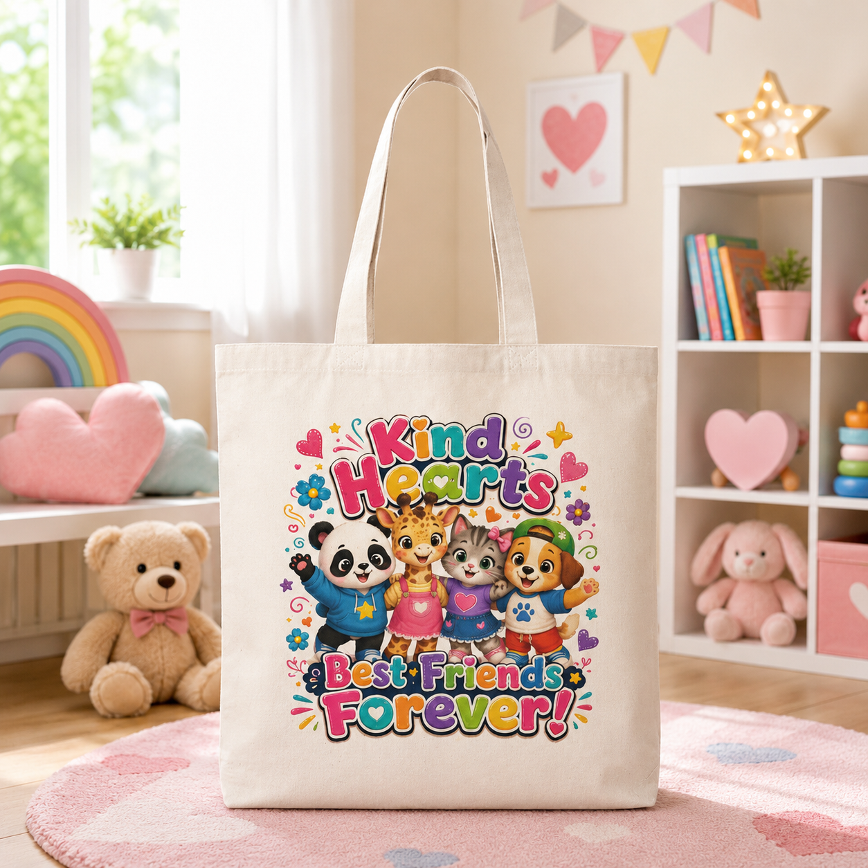 Kind Hearts Best Friends Forever Tote Bag — Cute Animal Friendship Canvas Tote