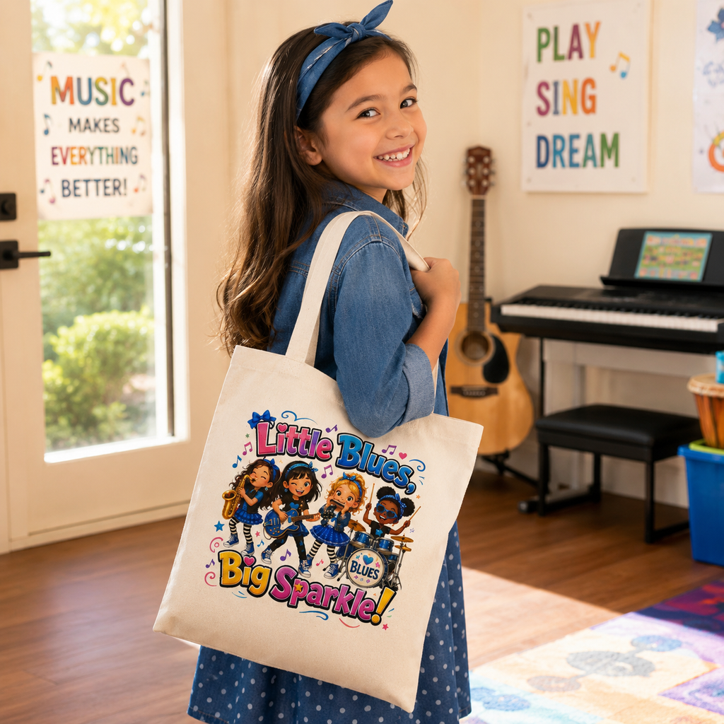 Natural Tote Bag — "Little Blues, Big Sparkle" Kids Music Tote
