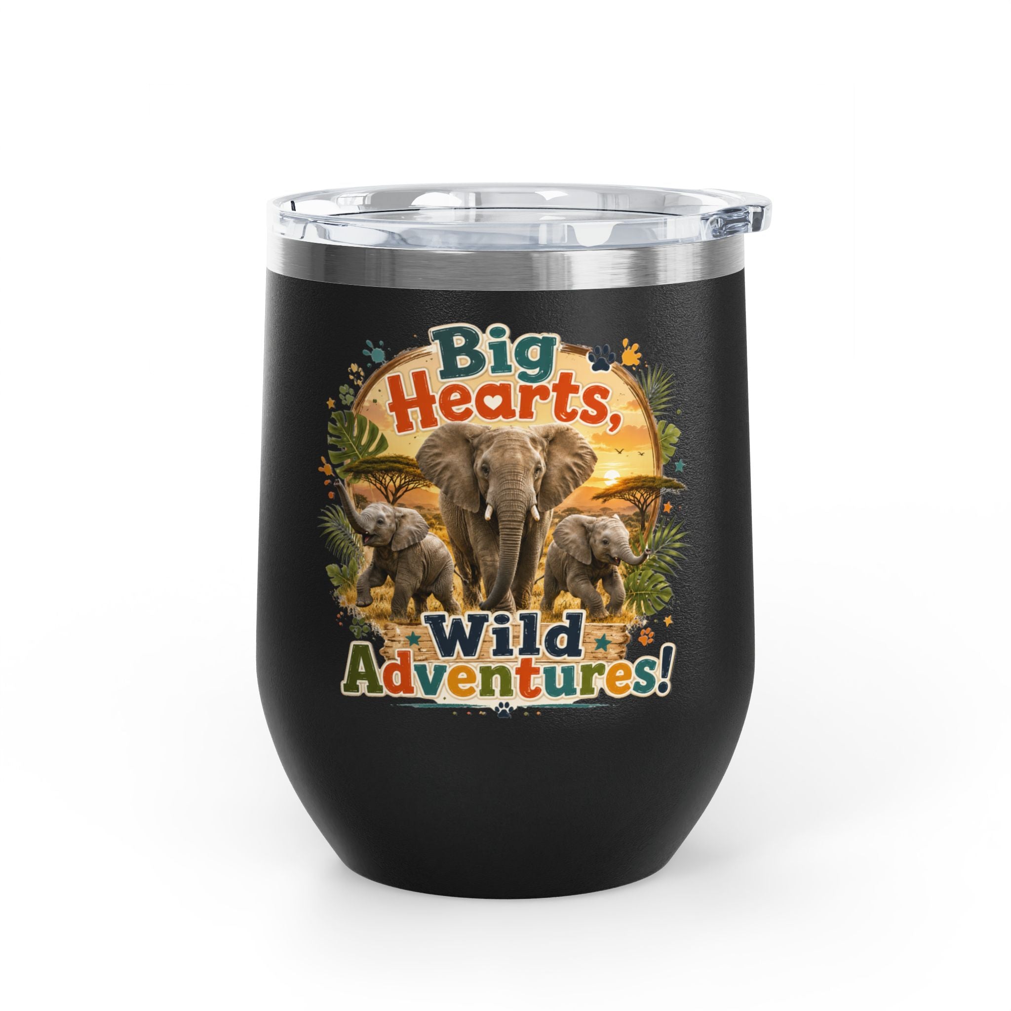 12oz Tumbler — "Big Hearts, Wild Adventures!" Elephant Safari Travel Cup
