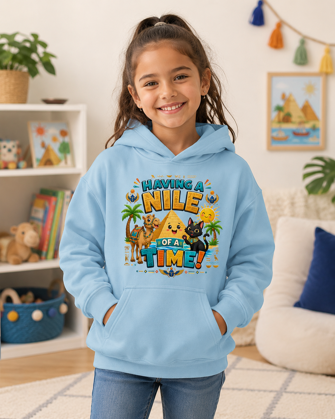 Having a Nile of a Time Kids Hoodie | Cute Egyptian Pyramid Cat Cartoon