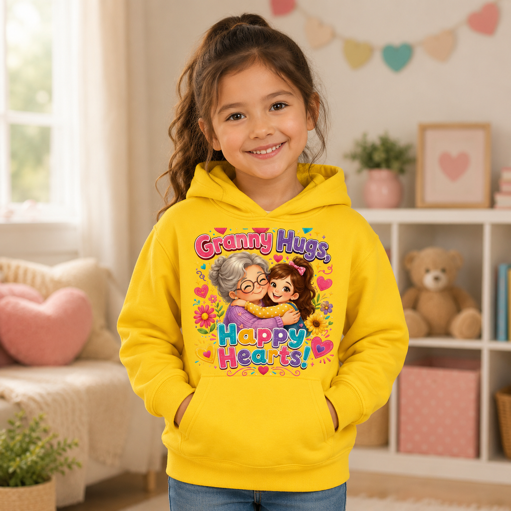 Kids Hoodie — "Granny Hugs, Happy Hearts" Cute Grandmother & Child Graphic Hoodie