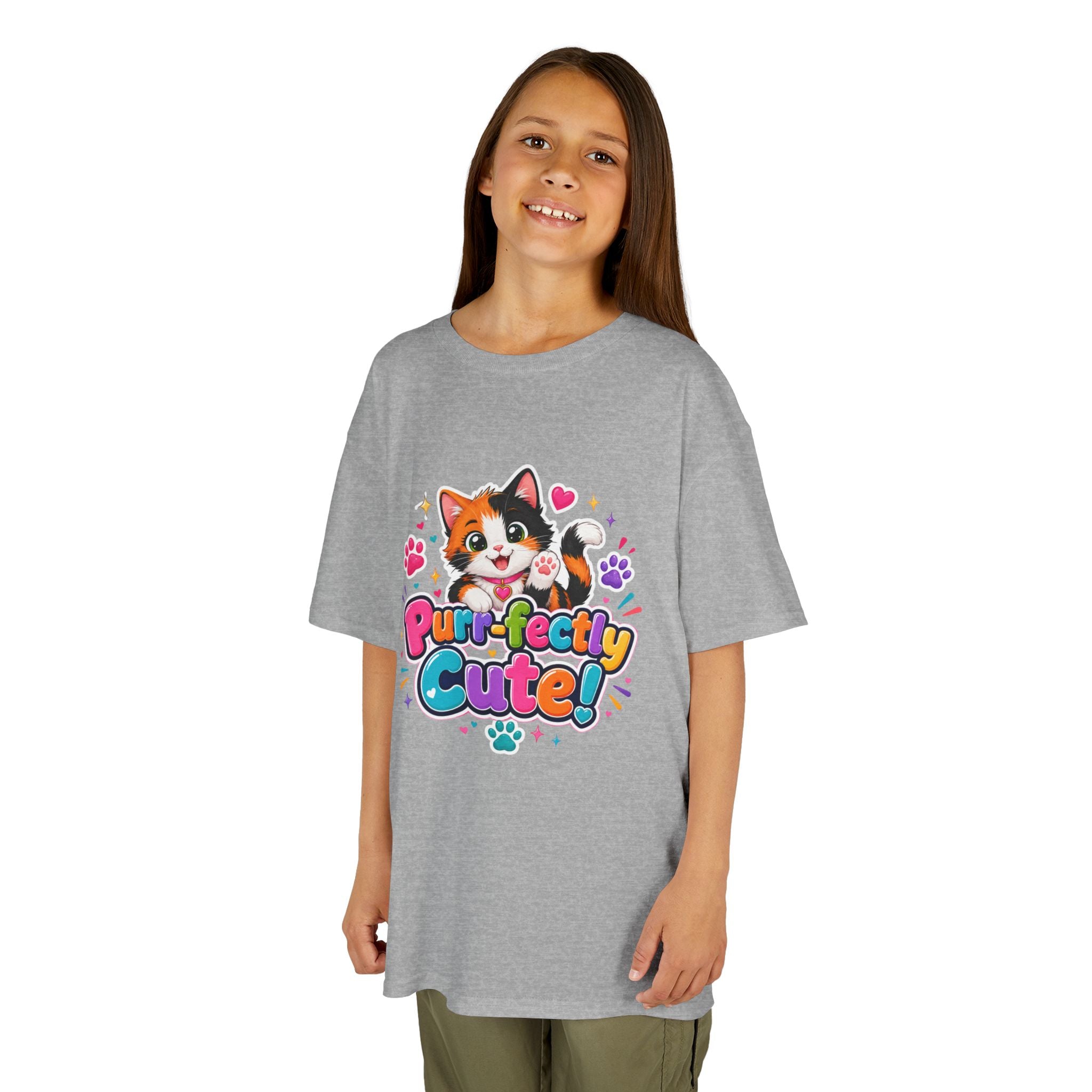 Kids Tee — “Purr-fectly Cute!” Colorful Calico Cat Graphic