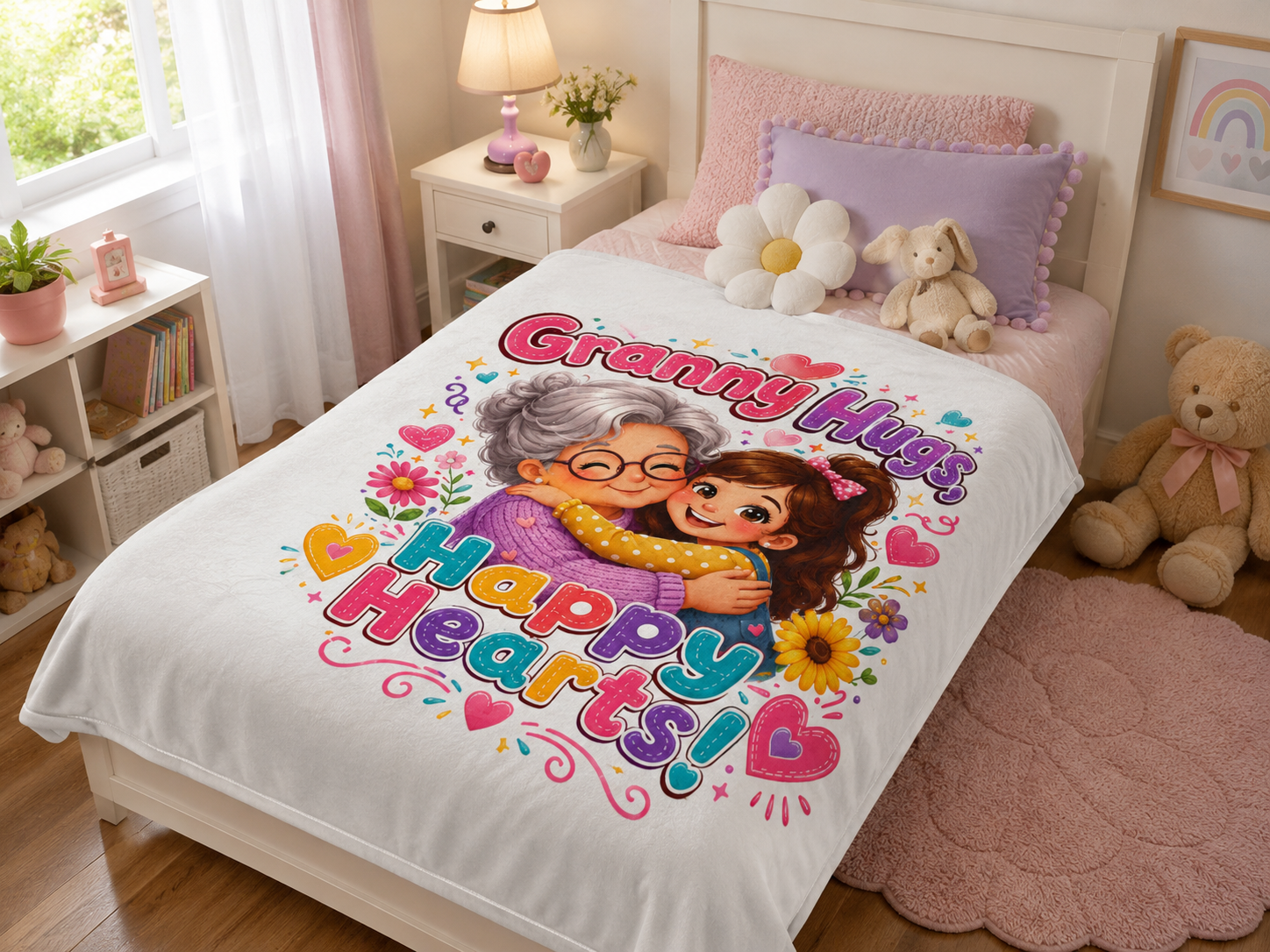 Granny Hugs Happy Hearts Blanket | Polyester Throw, Grandma and Granddaughter Design