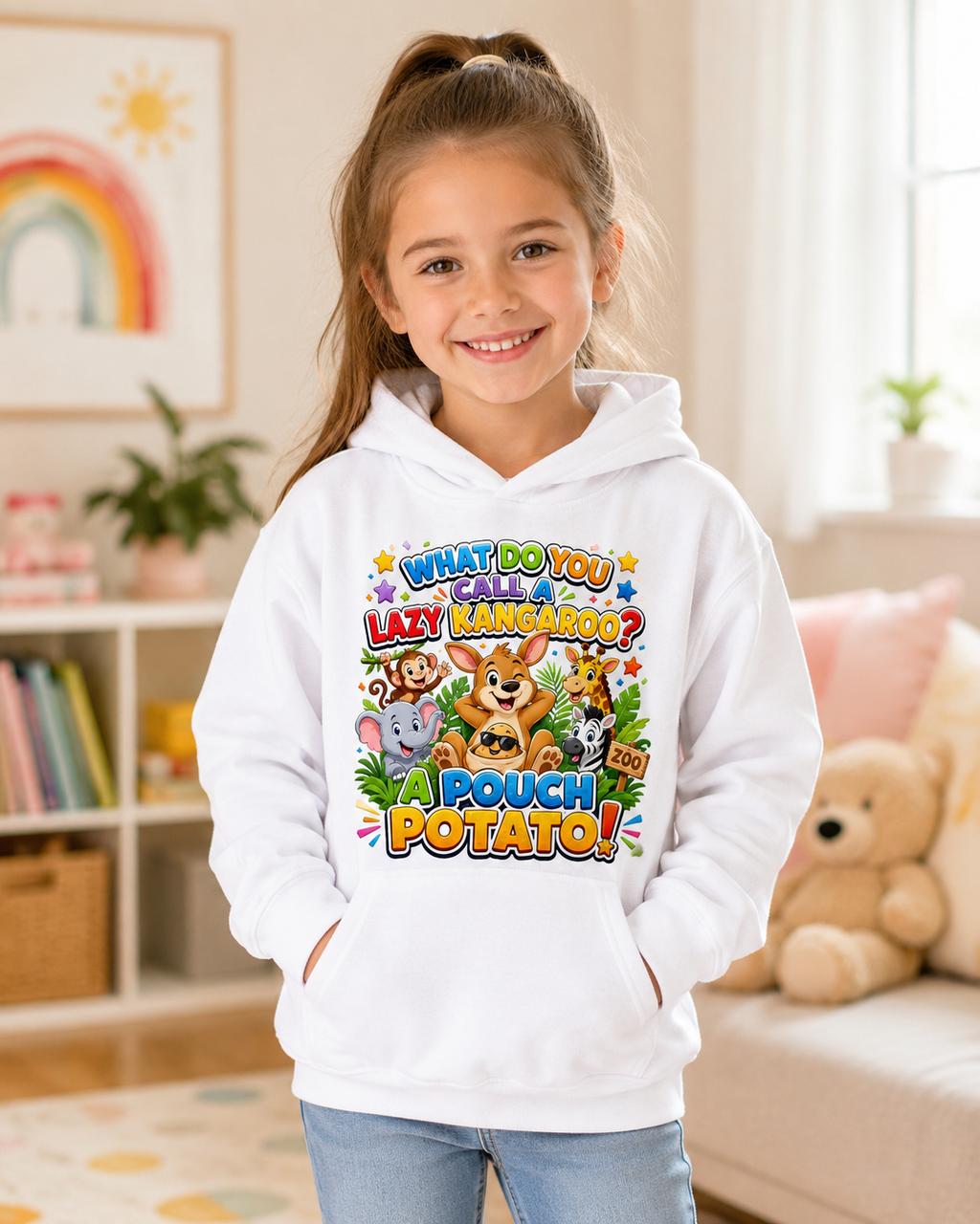 Lazy Kangaroo Pouch Potato Kids Hoodie | Cute Animal Joke Graphic