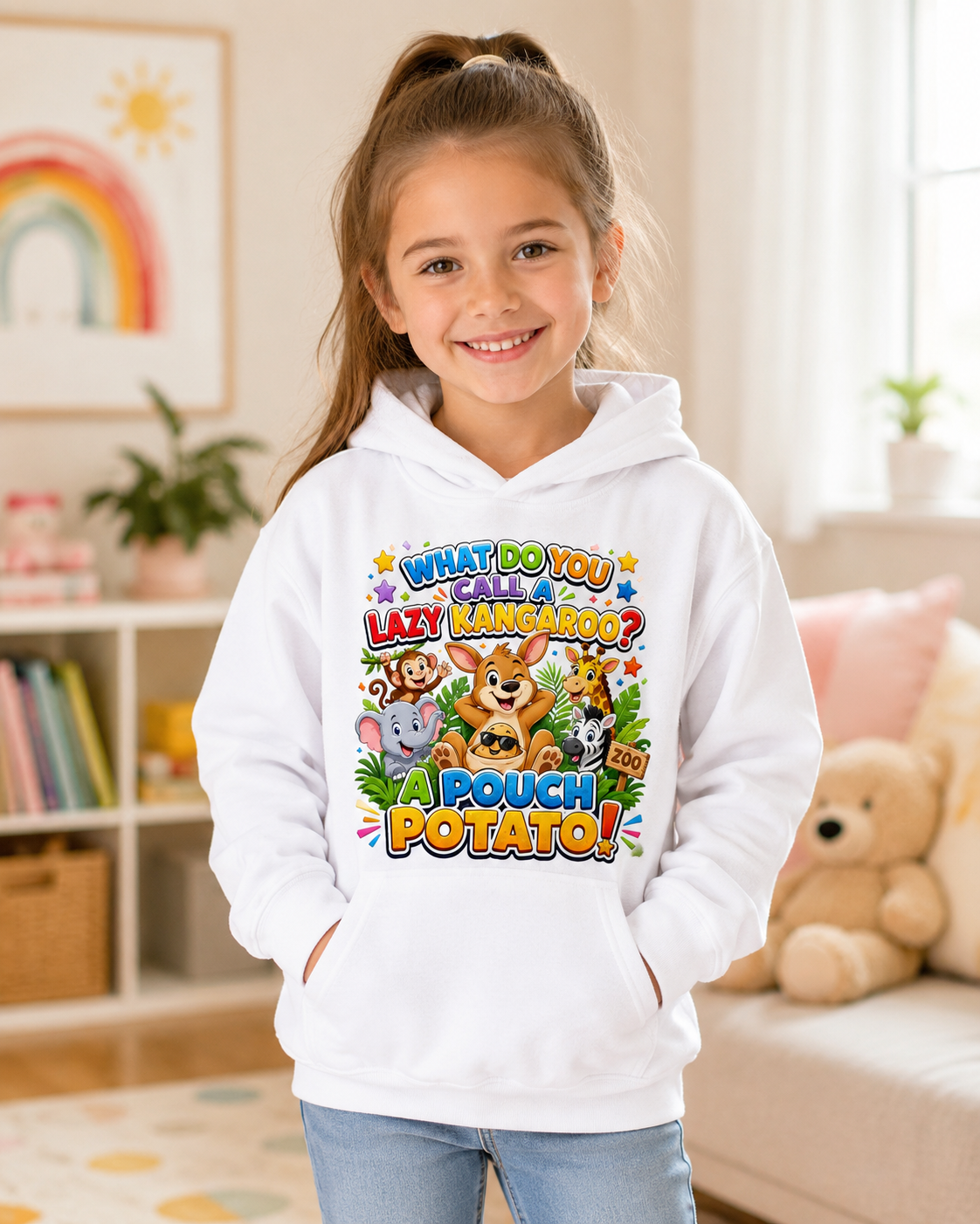 Lazy Kangaroo Pouch Potato Kids Hoodie | Cute Animal Joke Graphic