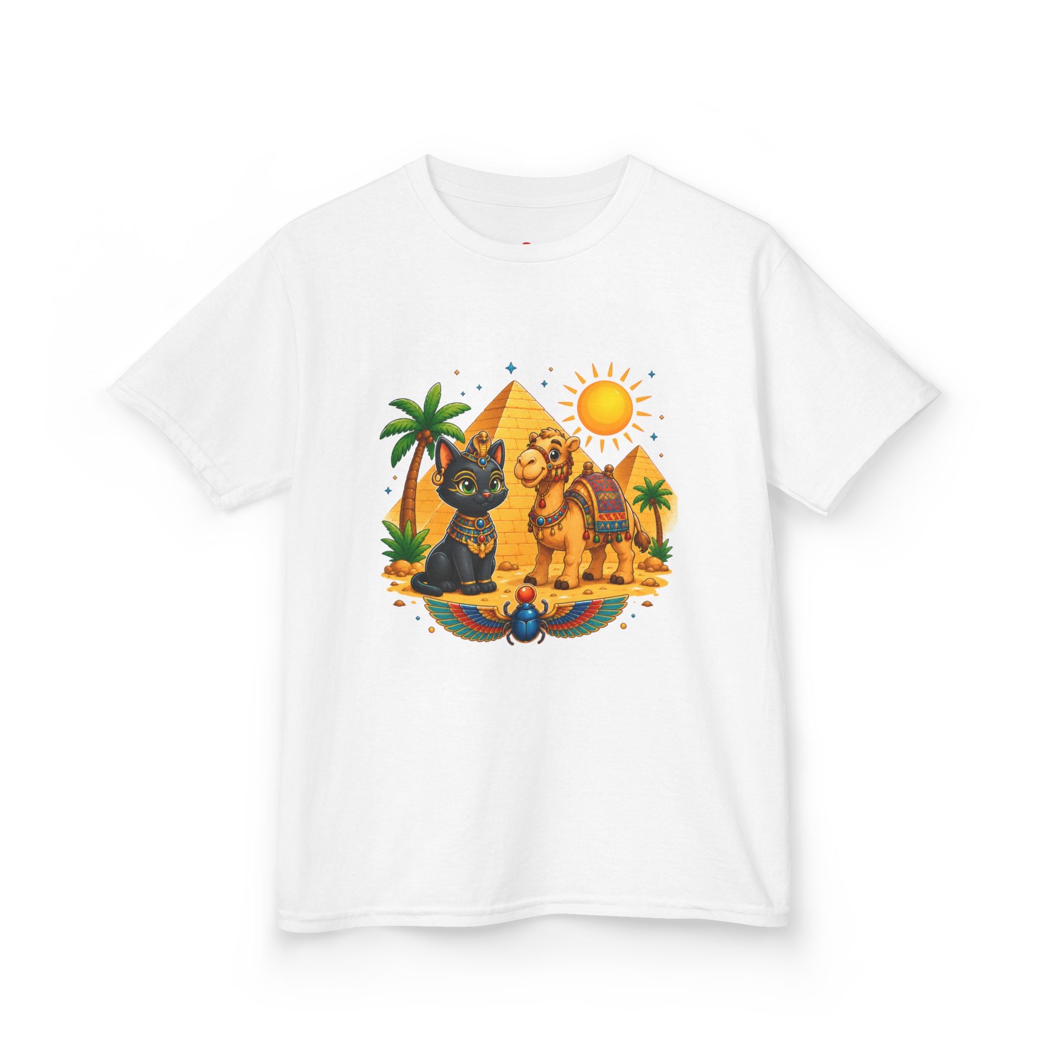 Egyptian Cats and Camel Kids Tee | Pyramid Desert Sun Illustration